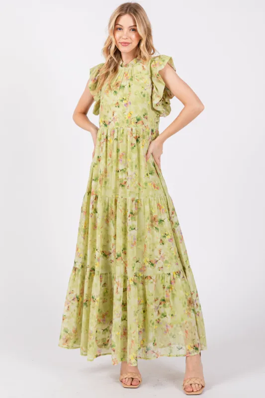 Lime Floral Chiffon Ruffle Shoulder Tiered Maxi Dress sold by Pinkblush