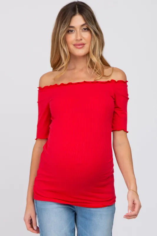 Red Off Shoulder Lettuce Hem Maternity Top sold by Pinkblush