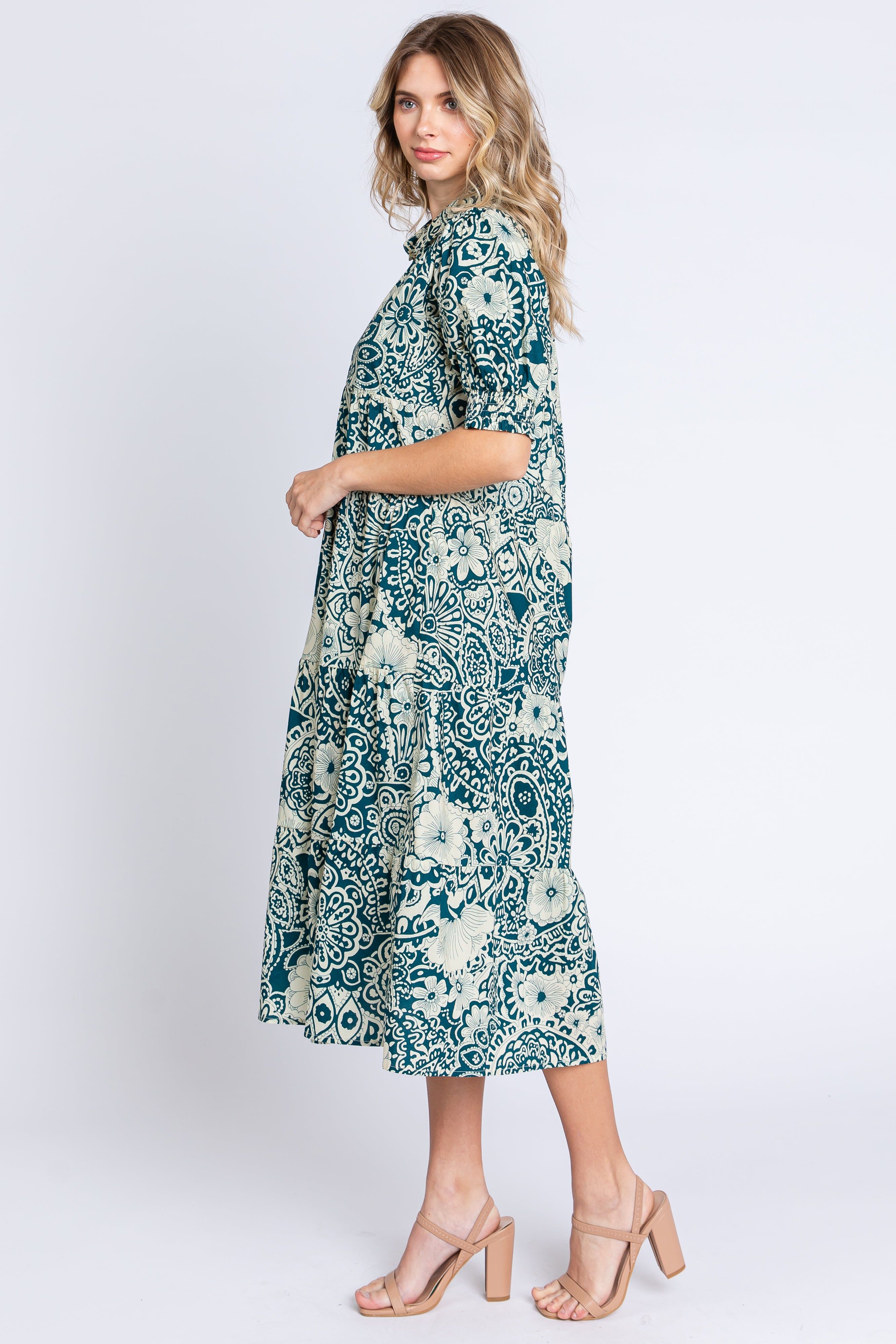 Teal Floral Collared Tiered Midi Dress sold by Pinkblush product image thumbnail 2