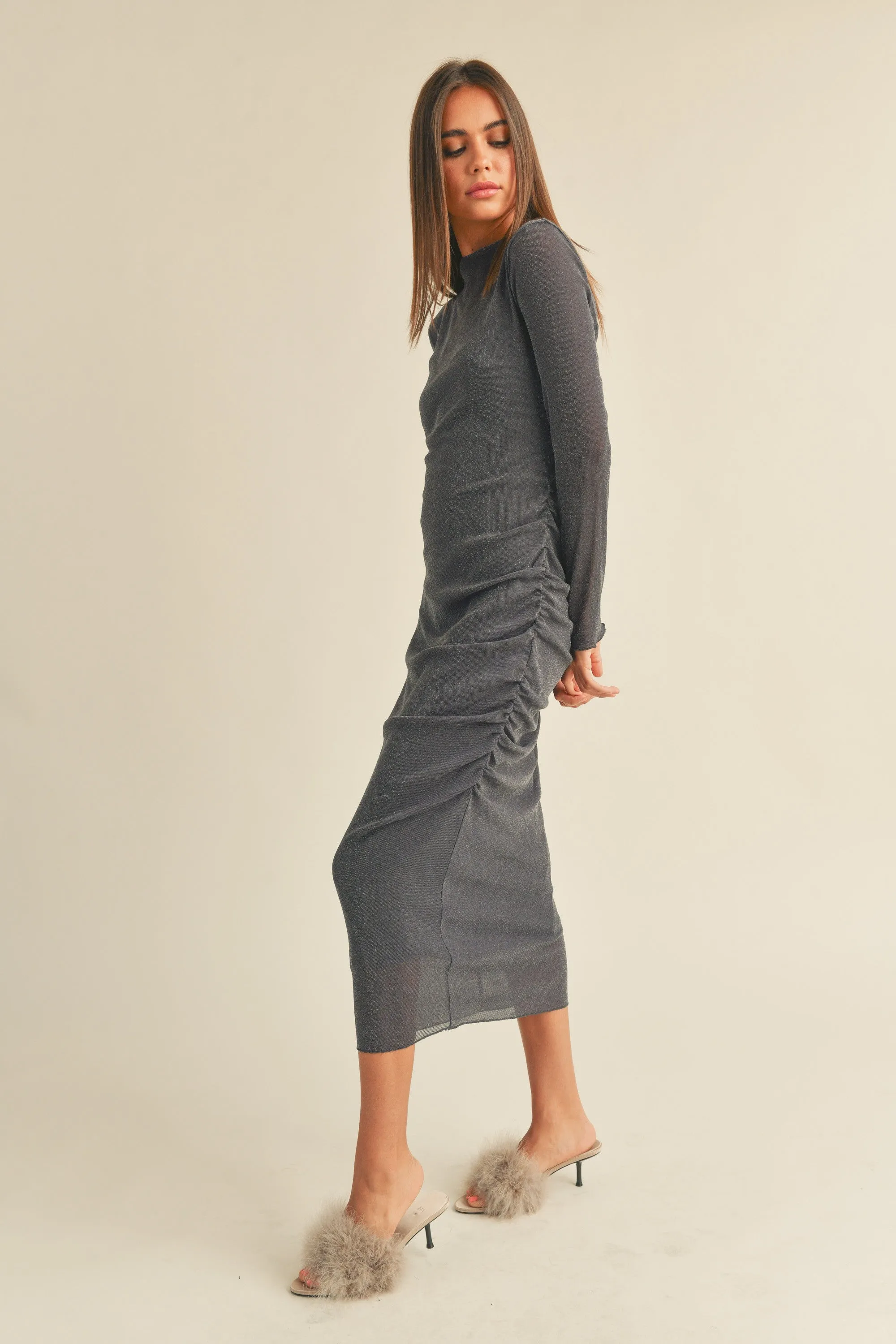 Charcoal Shimmer Mesh Long Sleeve Ruched Midi Dress sold by Pinkblush product image thumbnail 2