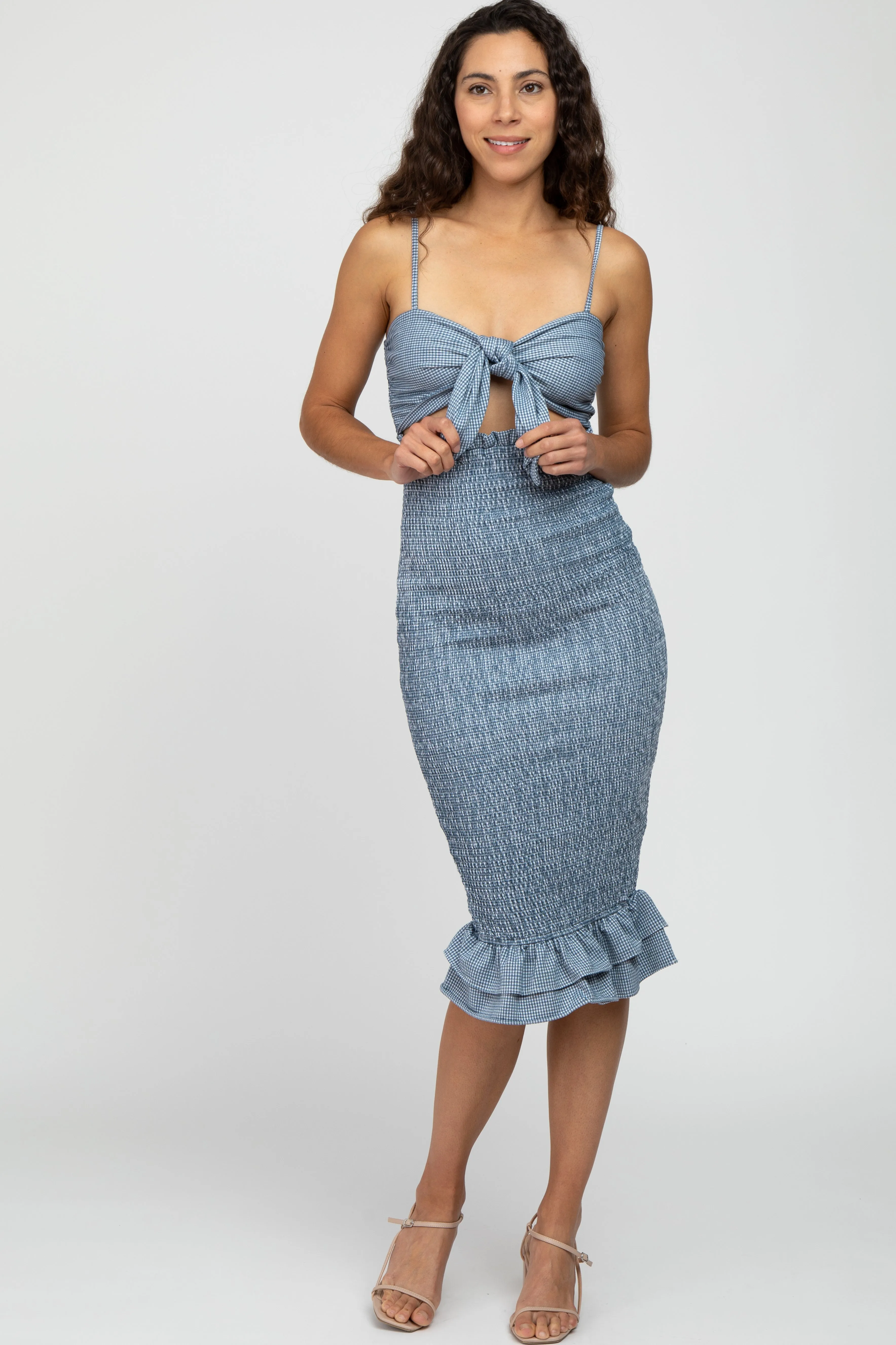 Blue Gingham Print Smocked Fitted Self-Tie Midi Dress sold by Pinkblush product image thumbnail 2