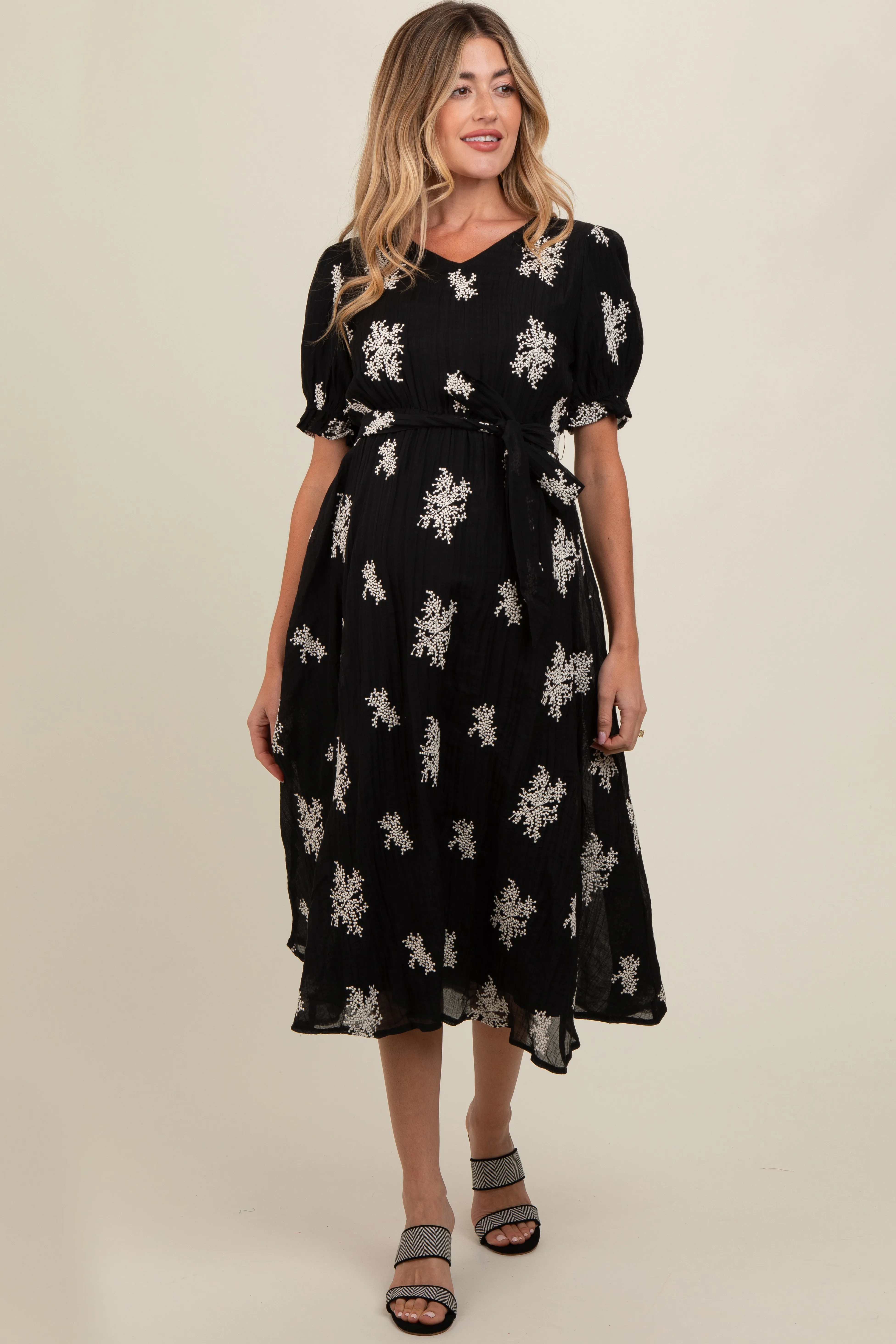 Black Embroidered Sash Tie Maternity Midi Dress sold by Pinkblush product image thumbnail 2