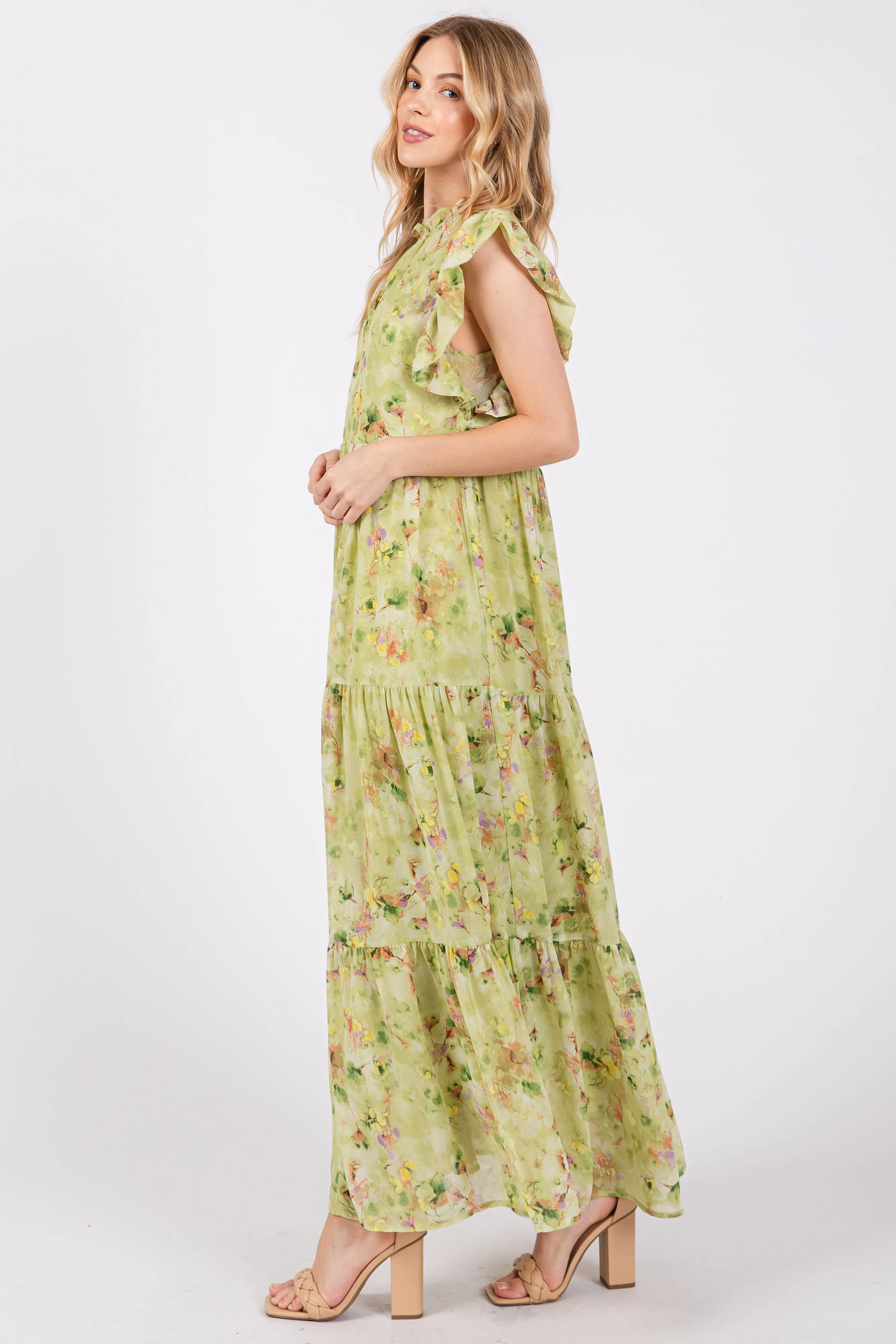 Lime Floral Chiffon Ruffle Shoulder Tiered Maxi Dress sold by Pinkblush product image thumbnail 2