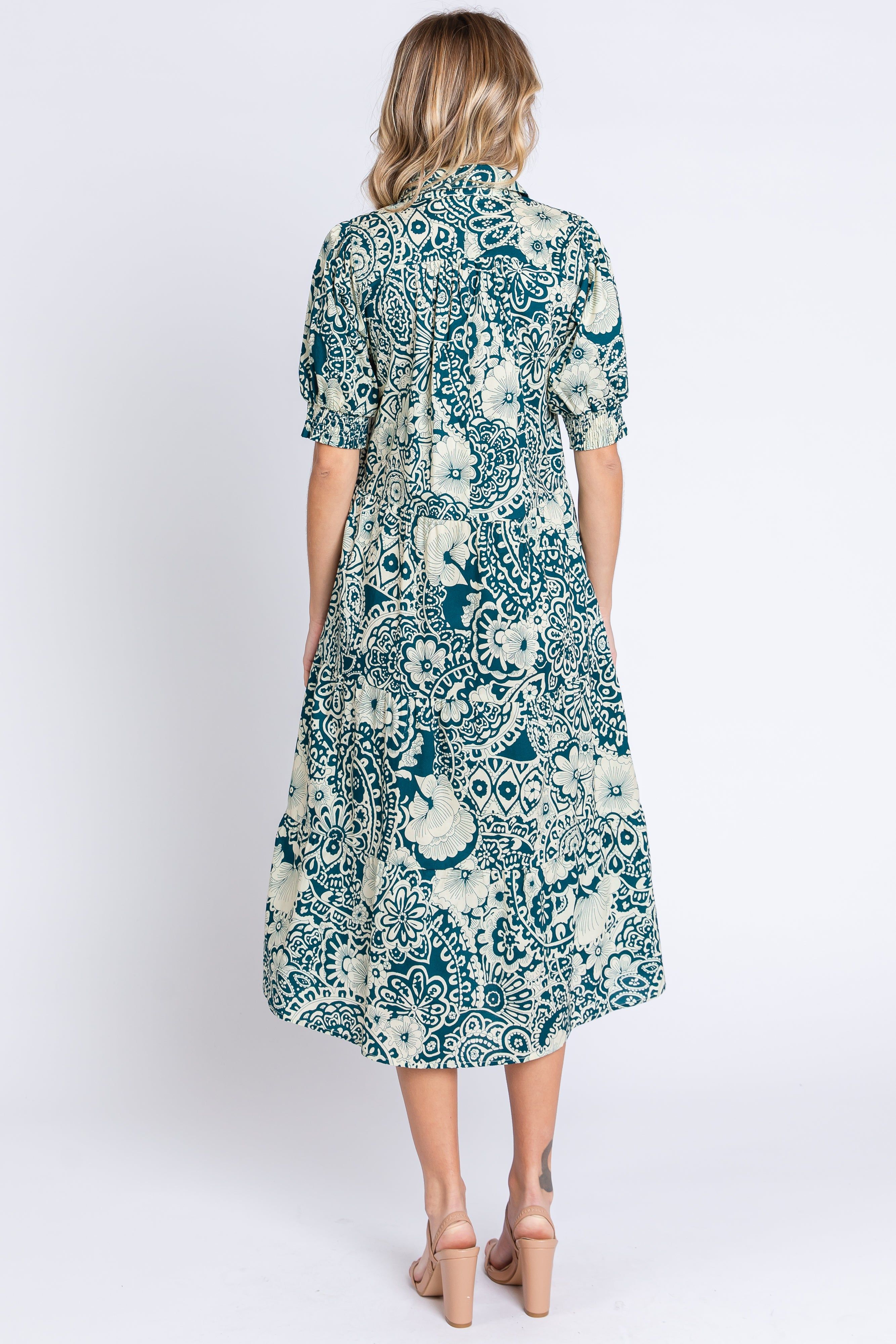 Teal Floral Collared Tiered Midi Dress sold by Pinkblush product image thumbnail 3