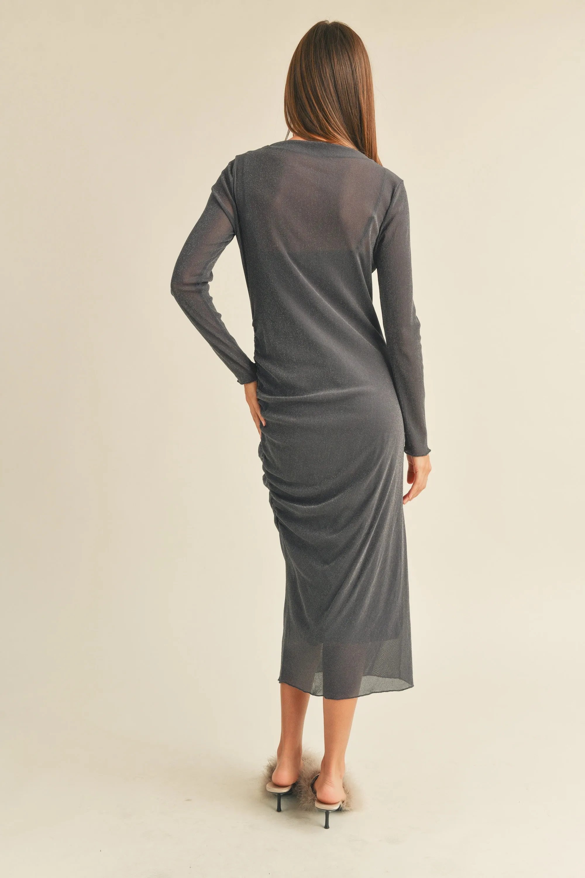 Charcoal Shimmer Mesh Long Sleeve Ruched Midi Dress sold by Pinkblush product image thumbnail 3