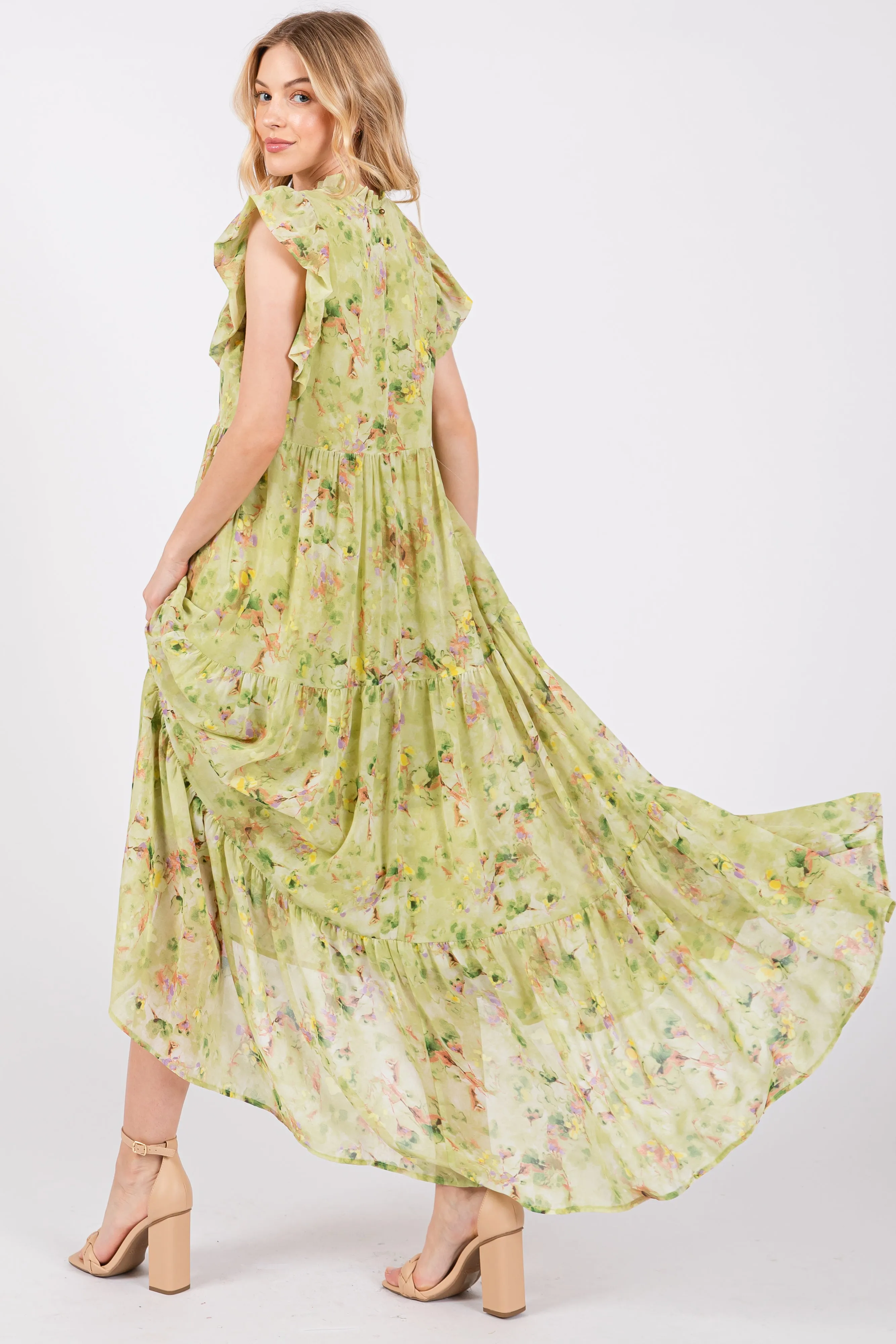 Lime Floral Chiffon Ruffle Shoulder Tiered Maxi Dress sold by Pinkblush product image thumbnail 3