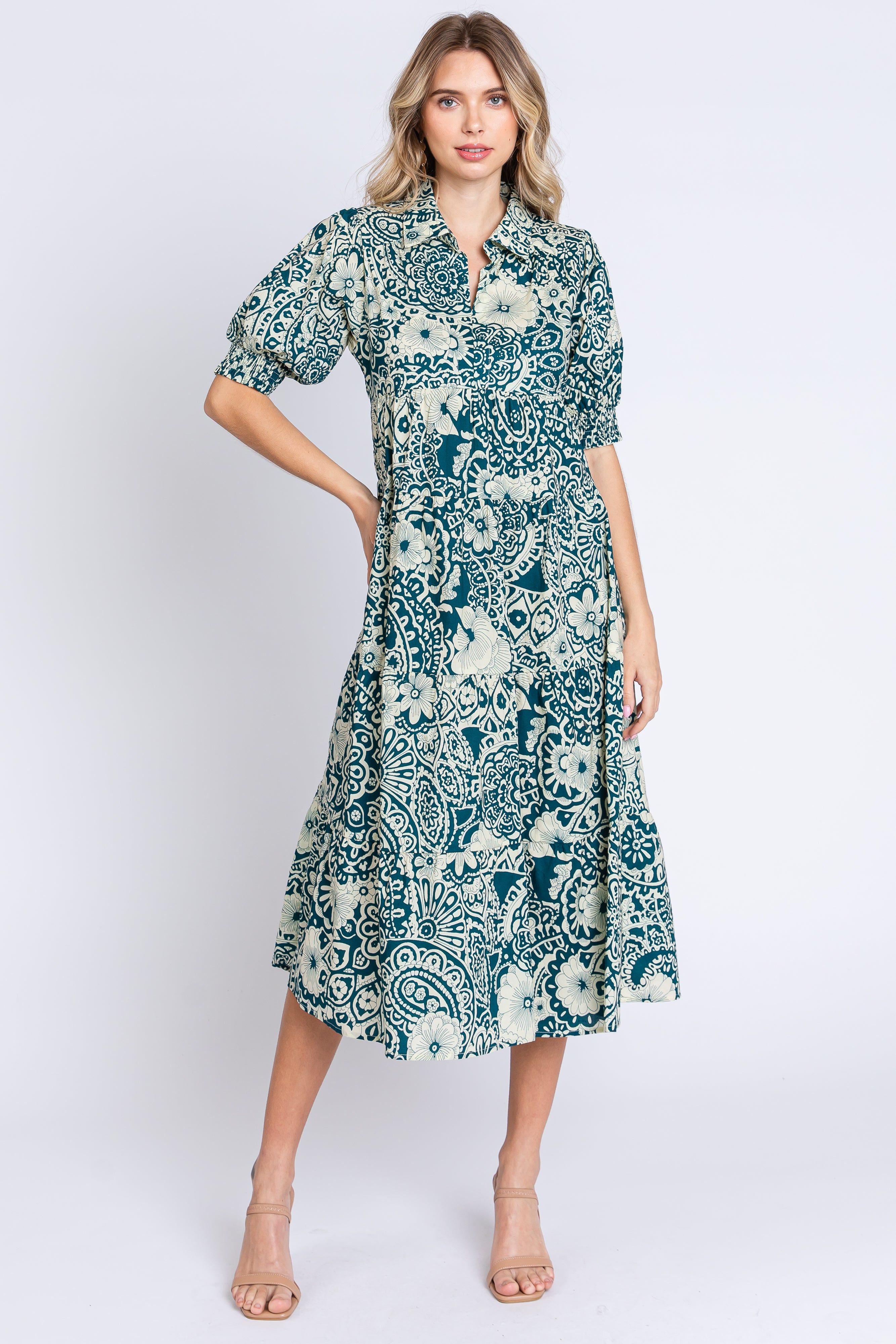Teal Floral Collared Tiered Midi Dress sold by Pinkblush