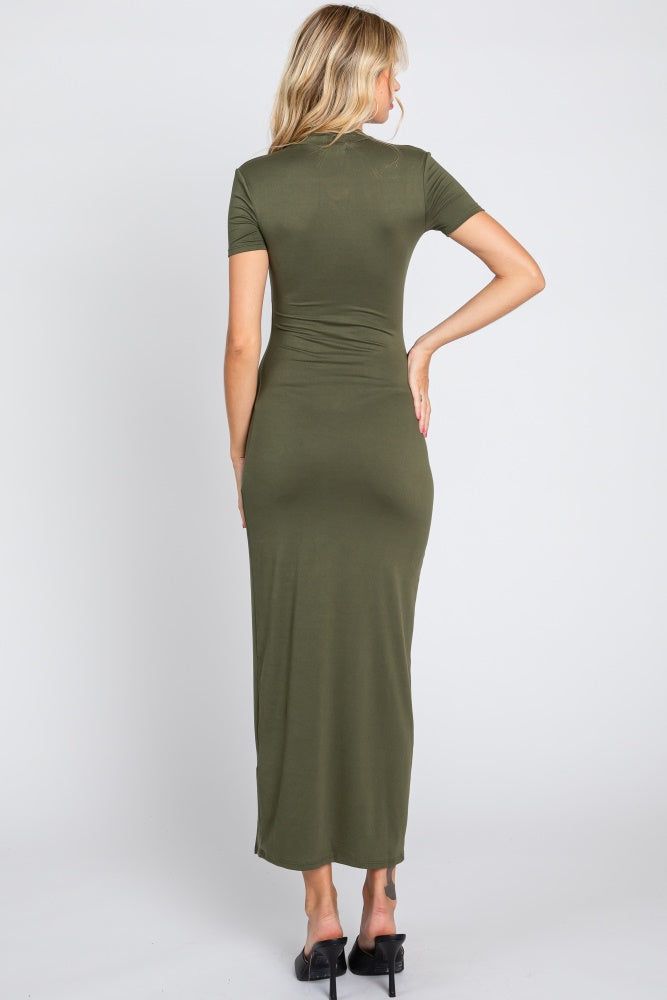 Olive Mock Neck Front Slit Short Sleeve Maxi Dress sold by Pinkblush product image thumbnail 3