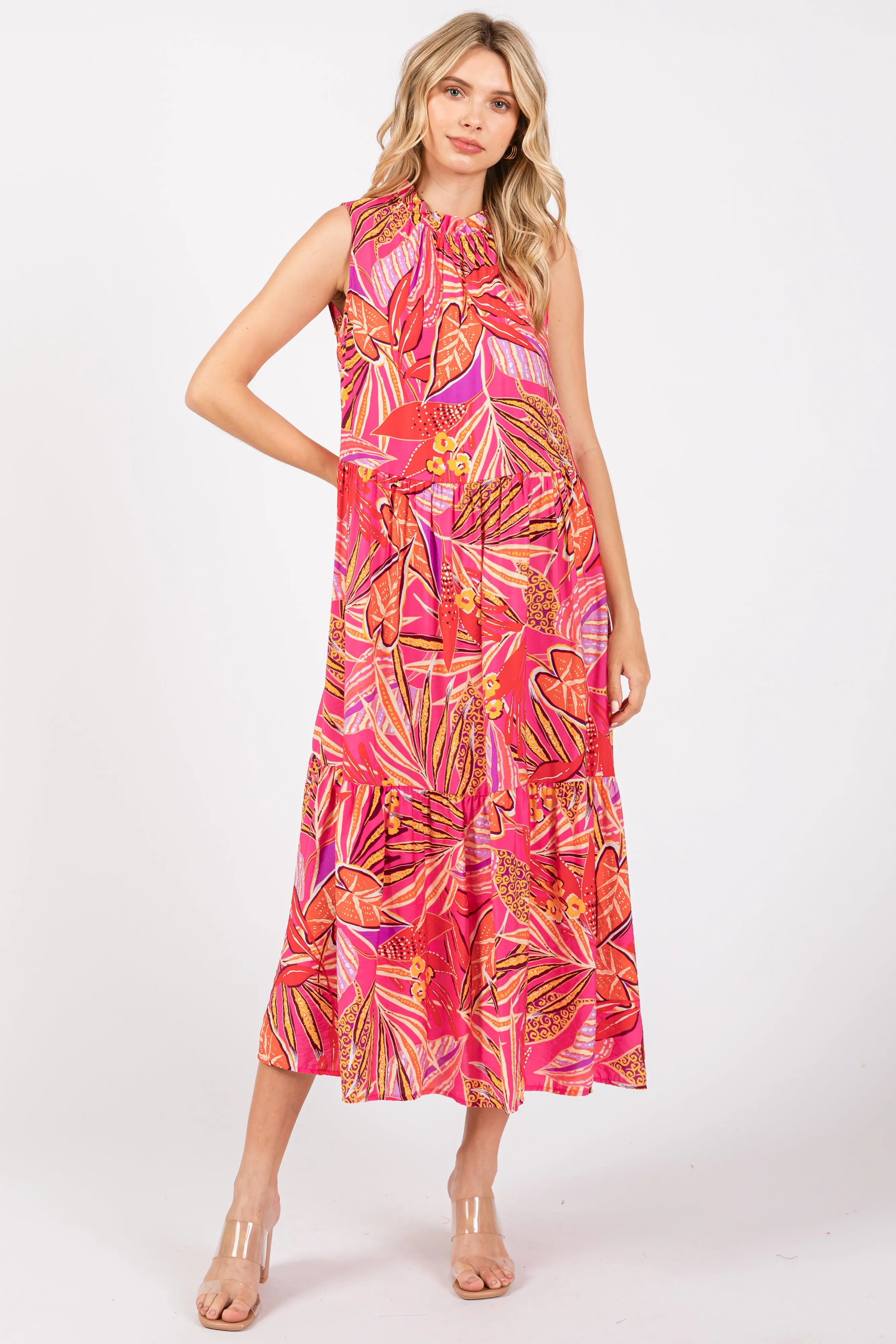 Fuchsia Floral Ruffle Mock Neck Tiered Midi Dress sold by Pinkblush product image thumbnail 5