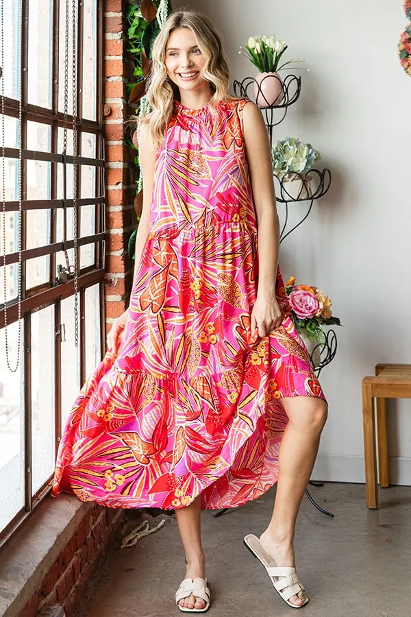 Fuchsia Floral Ruffle Mock Neck Tiered Midi Dress sold by Pinkblush product image thumbnail 2