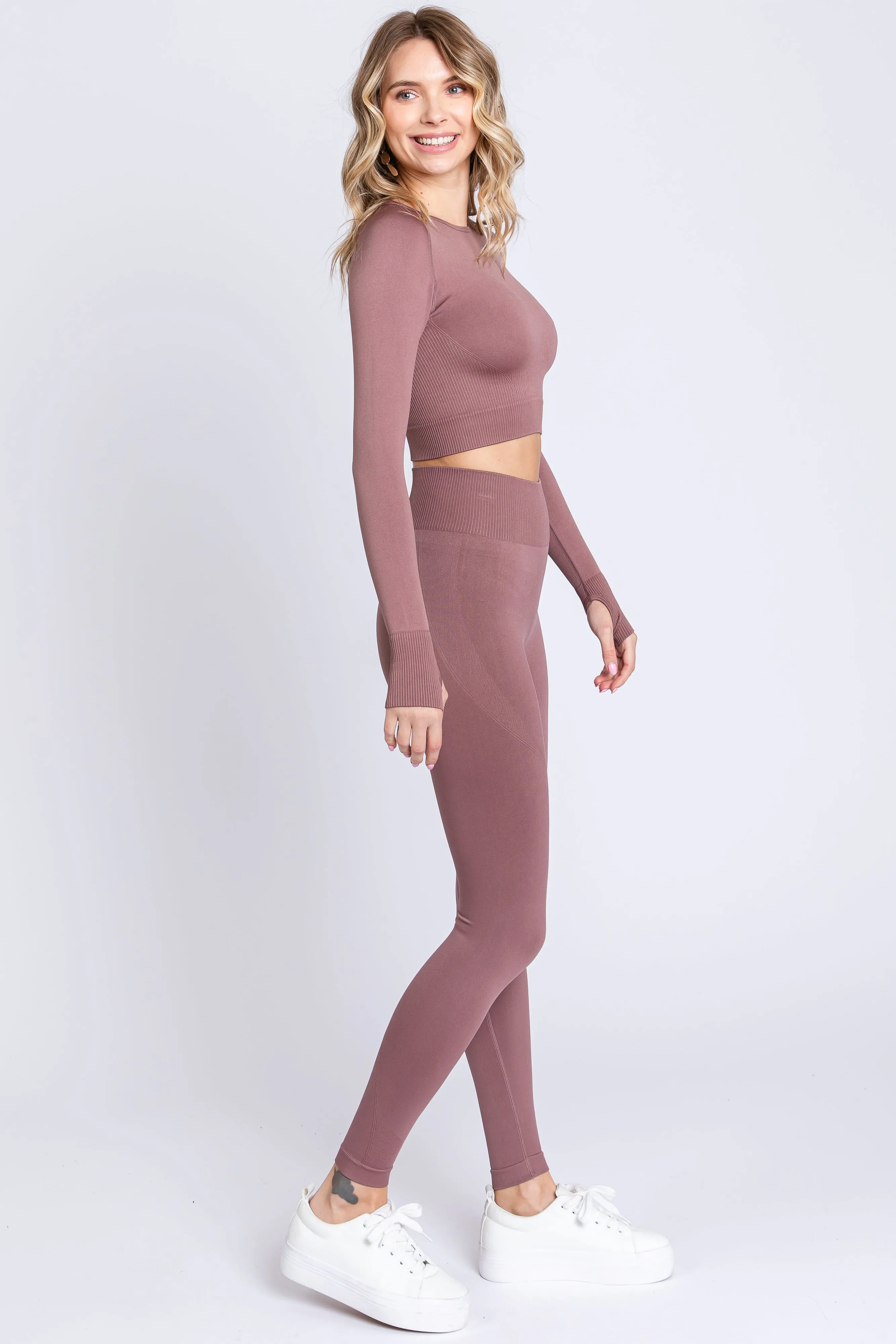 Taupe Cropped Long Sleeve Active Set sold by Pinkblush product image thumbnail 2