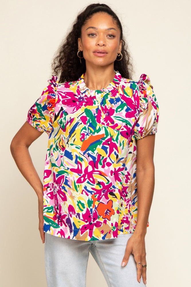 Multi-Color Ruffle Mock Neck Short Sleeve Blouse sold by Pinkblush product image thumbnail 2