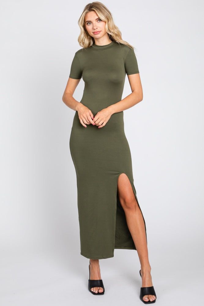 Olive Mock Neck Front Slit Short Sleeve Maxi Dress sold by Pinkblush