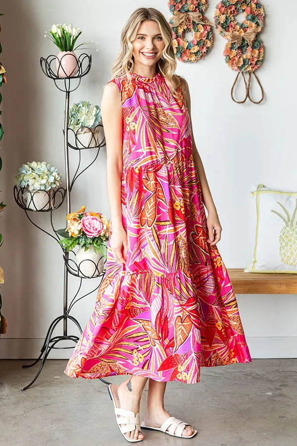 Fuchsia Floral Ruffle Mock Neck Tiered Midi Dress sold by Pinkblush product image thumbnail 3