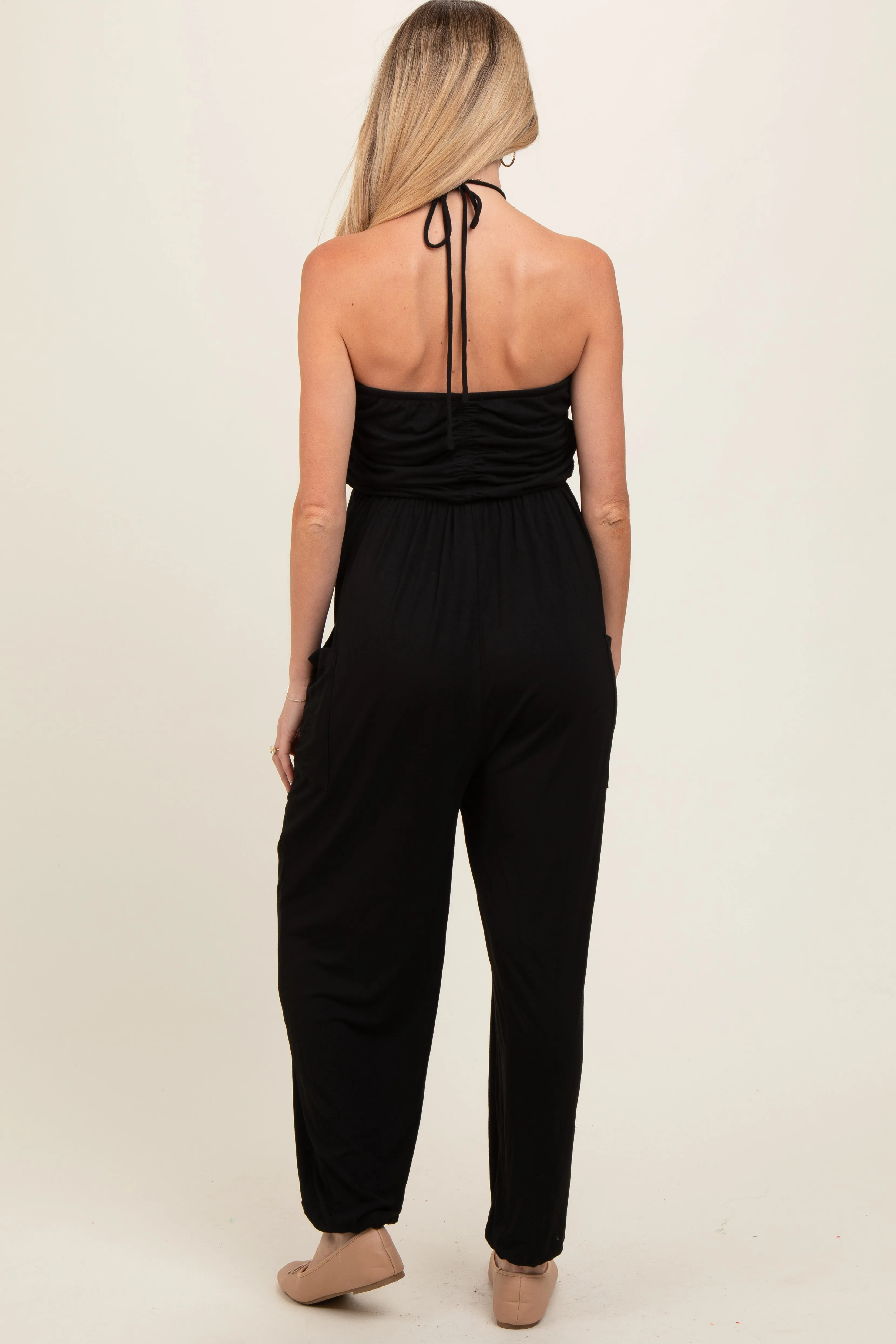 Black Halter Cinched Maternity Jumpsuit sold by Pinkblush product image thumbnail 3