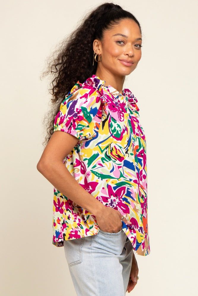 Multi-Color Ruffle Mock Neck Short Sleeve Blouse sold by Pinkblush product image thumbnail 3