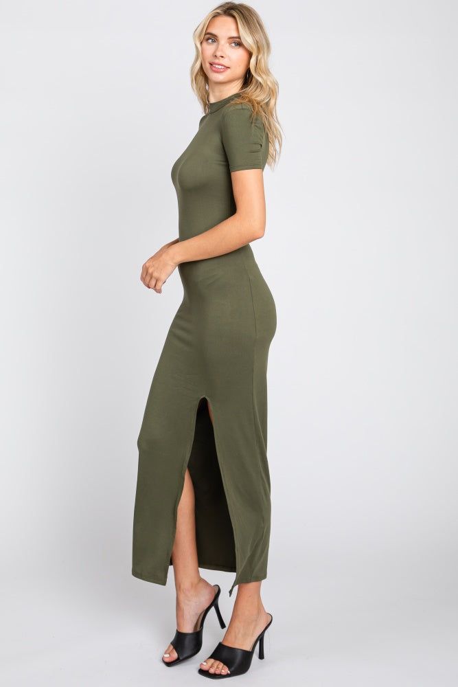 Olive Mock Neck Front Slit Short Sleeve Maxi Dress sold by Pinkblush product image thumbnail 2
