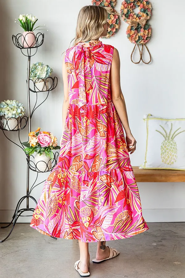 Fuchsia Floral Ruffle Mock Neck Tiered Midi Dress sold by Pinkblush product image thumbnail 4