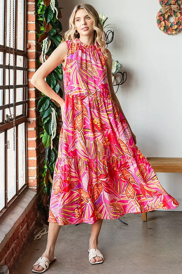 Fuchsia Floral Ruffle Mock Neck Tiered Midi Dress sold by Pinkblush