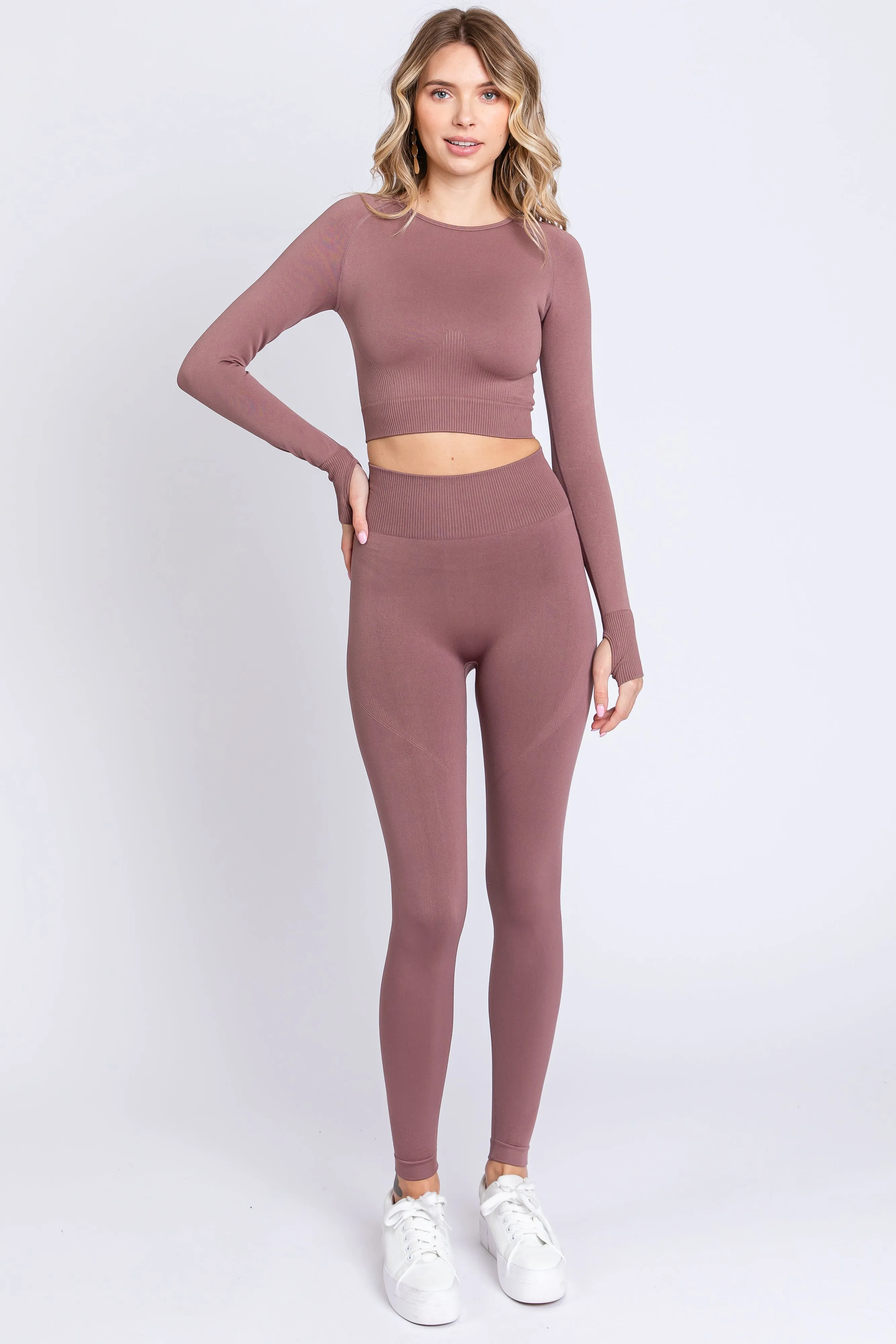 Taupe Cropped Long Sleeve Active Set sold by Pinkblush