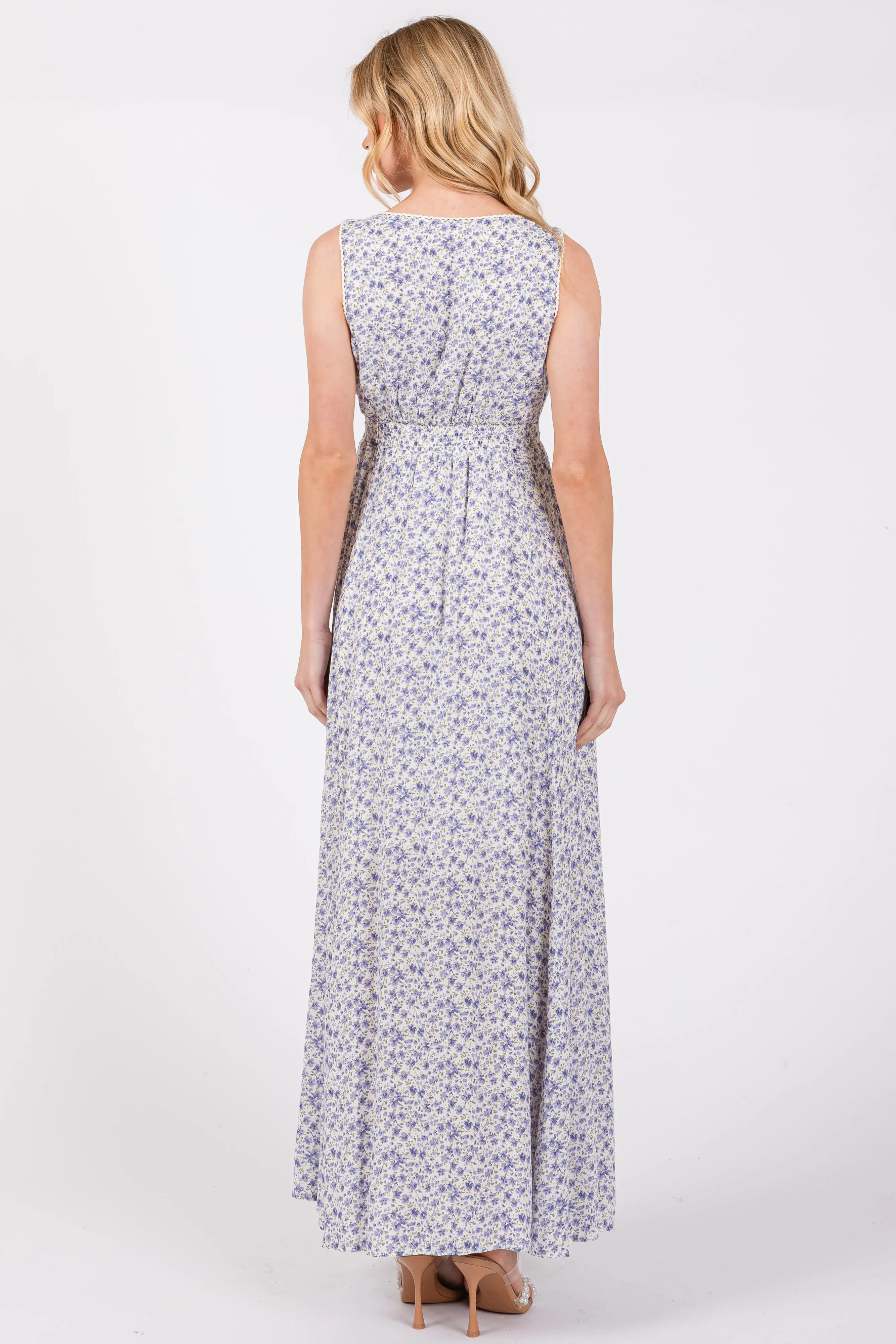 Periwinkle Floral Crochet Trim Button Down Maxi Dress sold by Pinkblush product image thumbnail 3