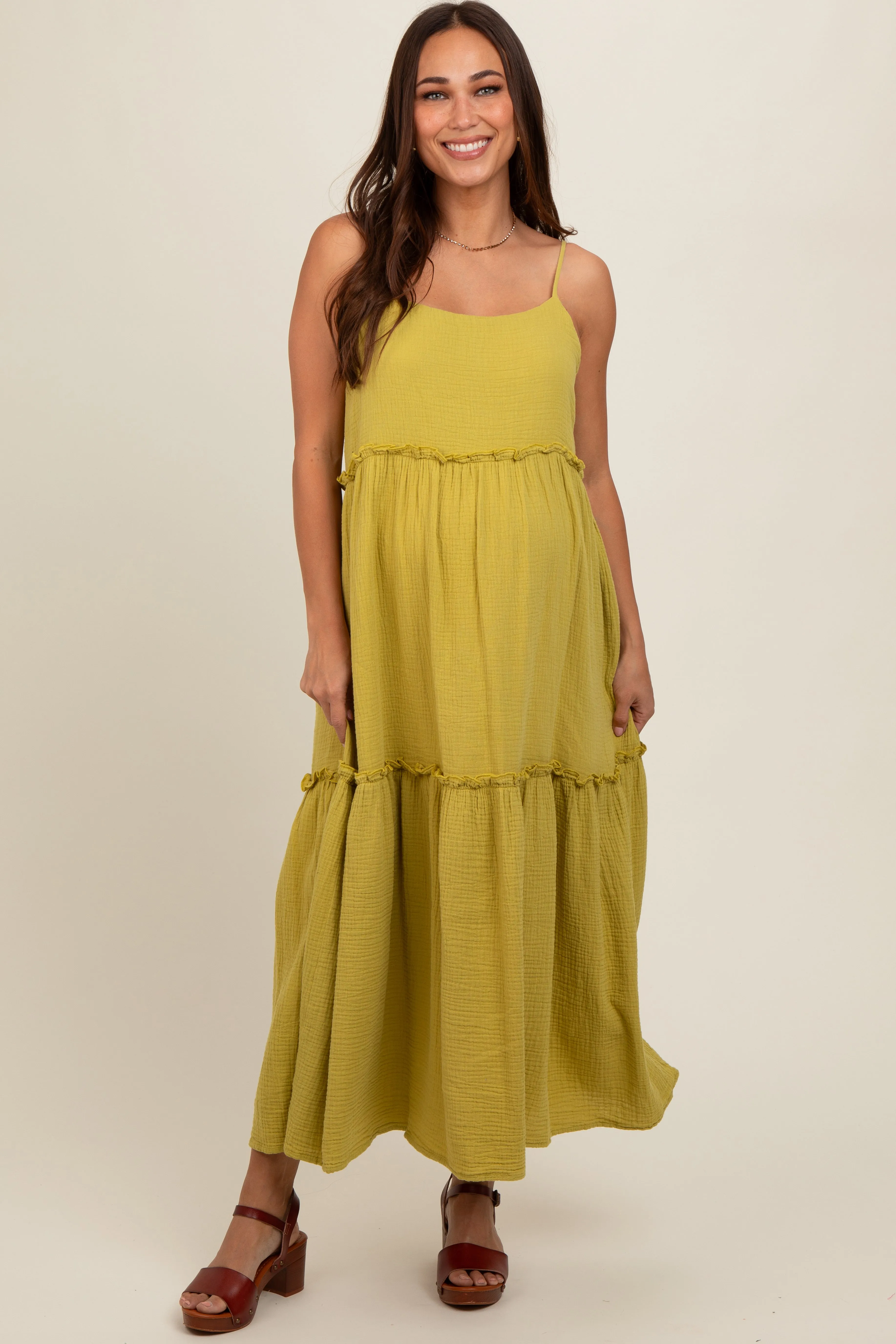 Lime Soft Washed Cotton Gauze Maternity Maxi Dress sold by Pinkblush