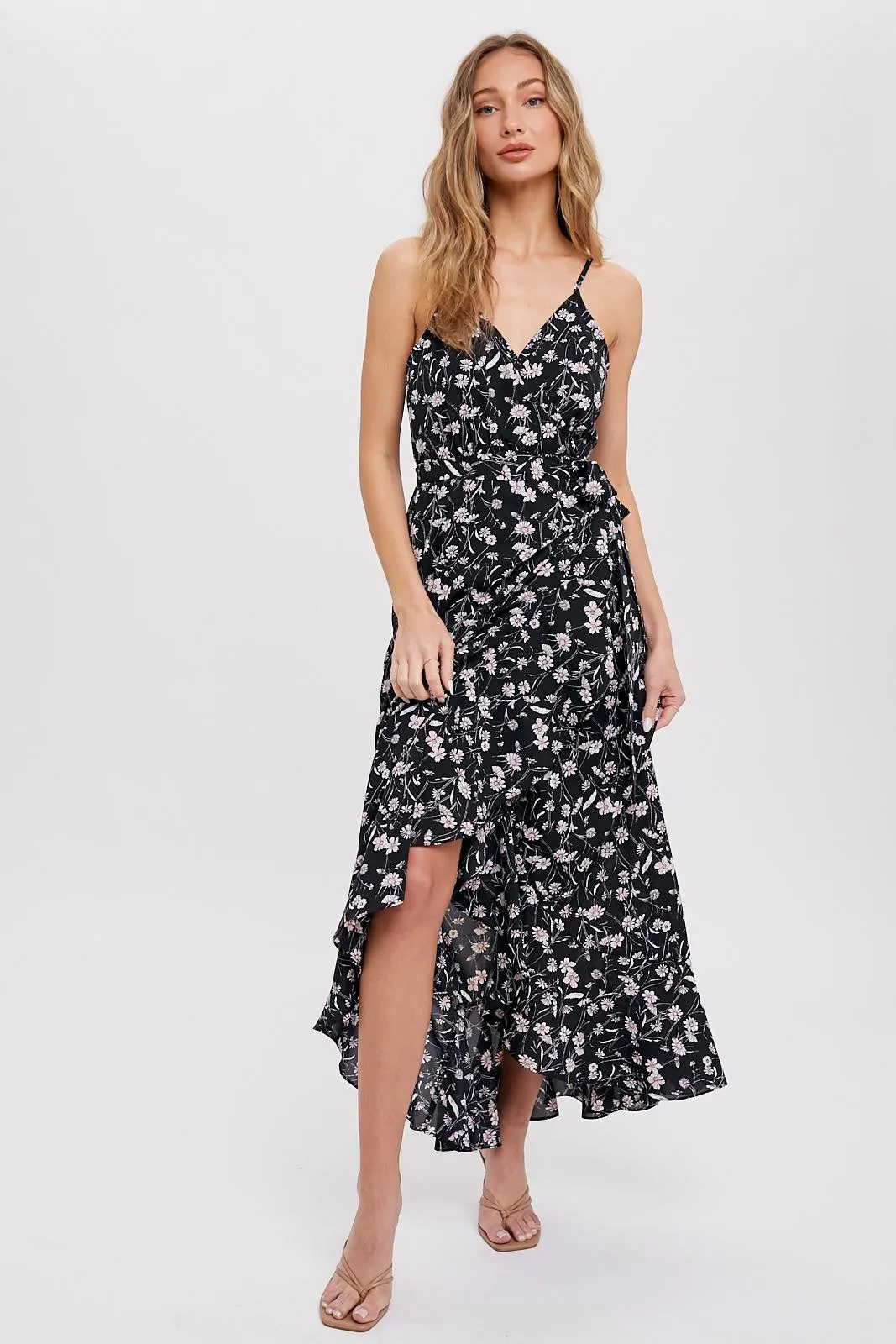 Black Floral Flounce Hi-Lo Wrap Maxi Dress sold by Pinkblush