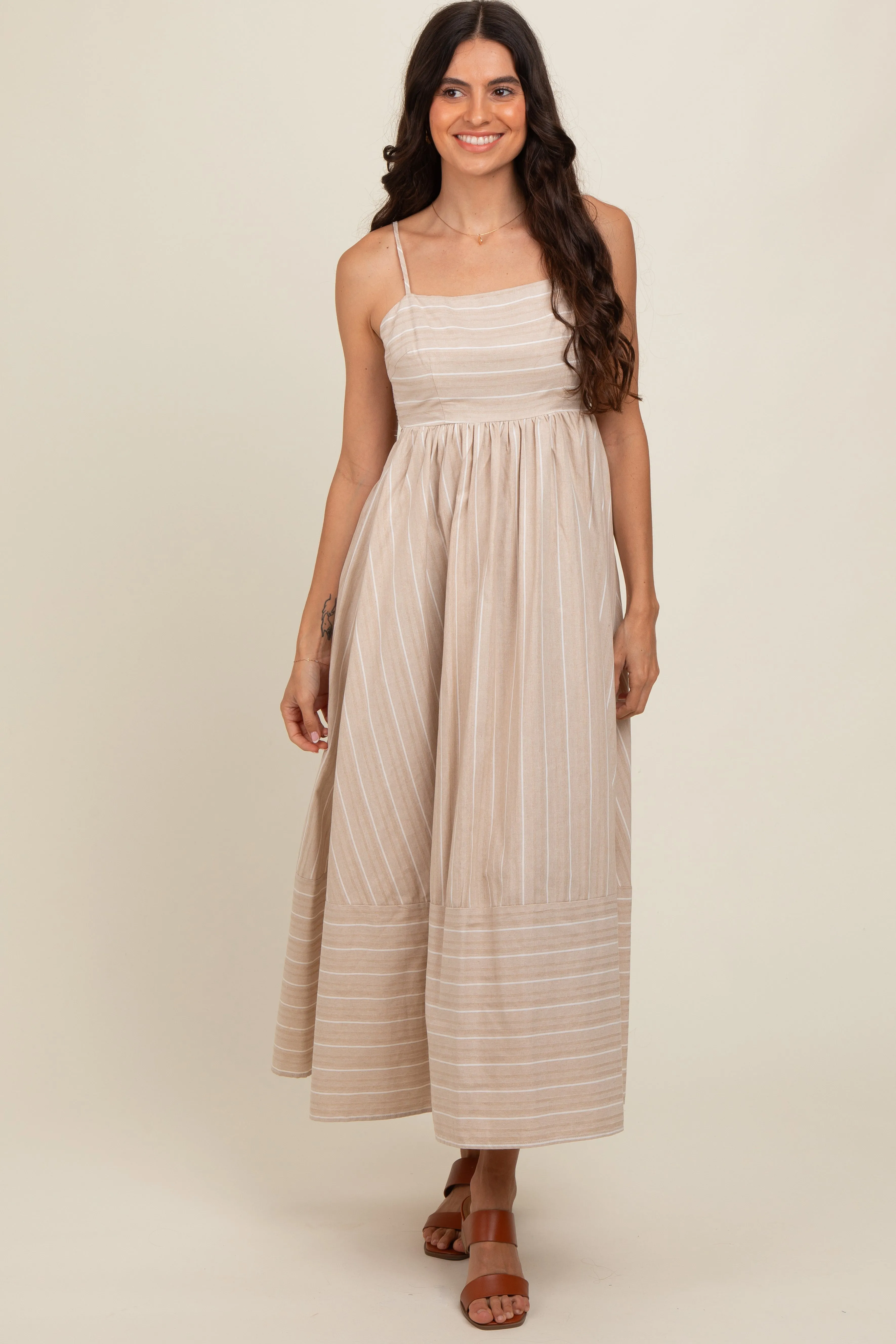 Beige Striped Cutout Back Maternity Maxi Dress sold by Pinkblush product image thumbnail 4