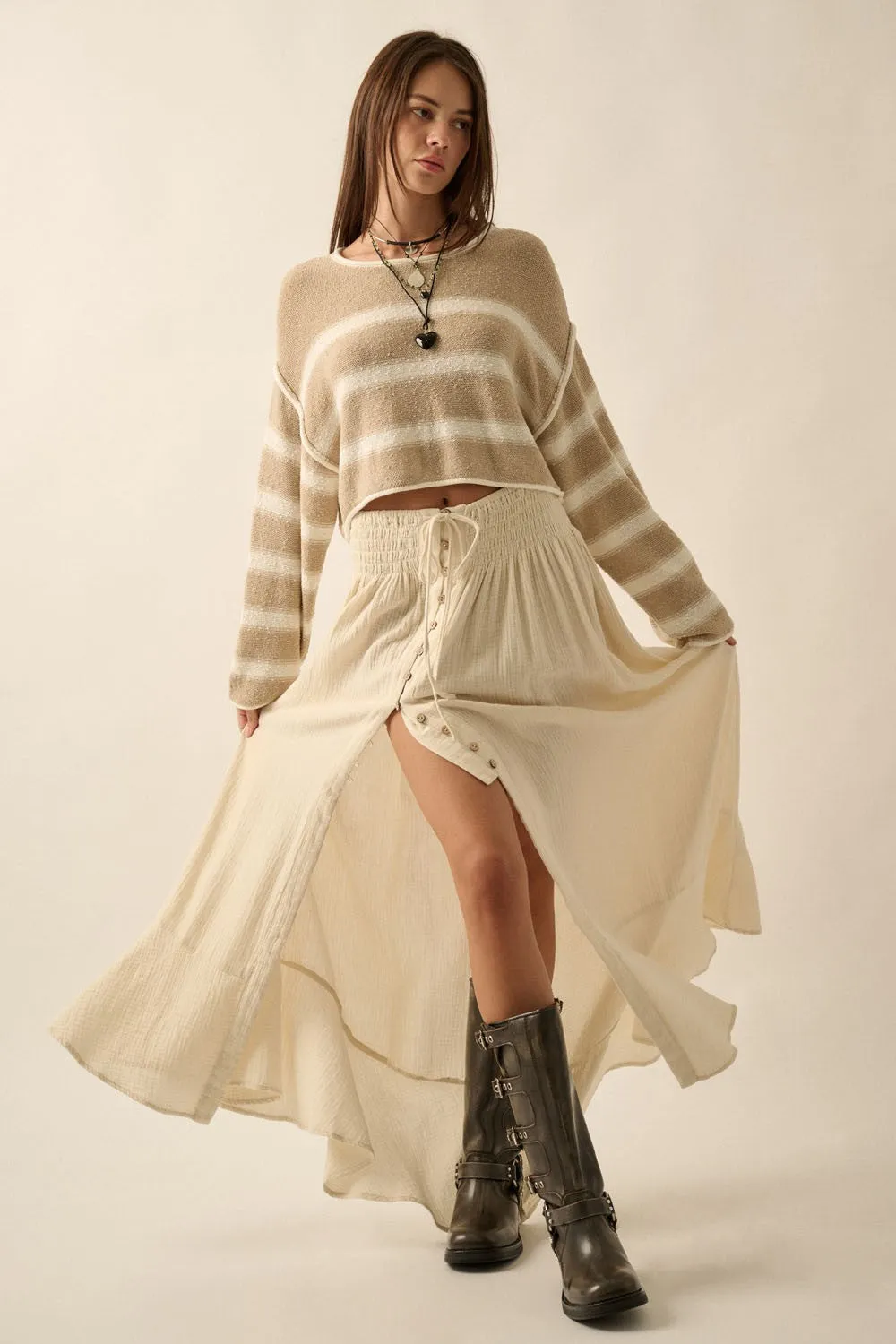 Sand Cream Stripe Round Neck Expose Seam Sweater sold by Pinkblush product image thumbnail 5