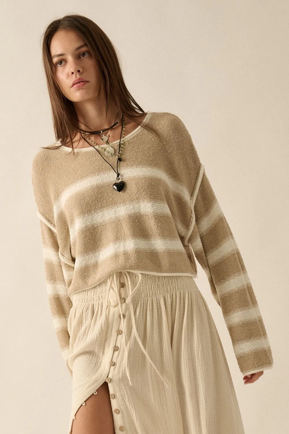 Sand Cream Stripe Round Neck Expose Seam Sweater sold by Pinkblush product image thumbnail 2