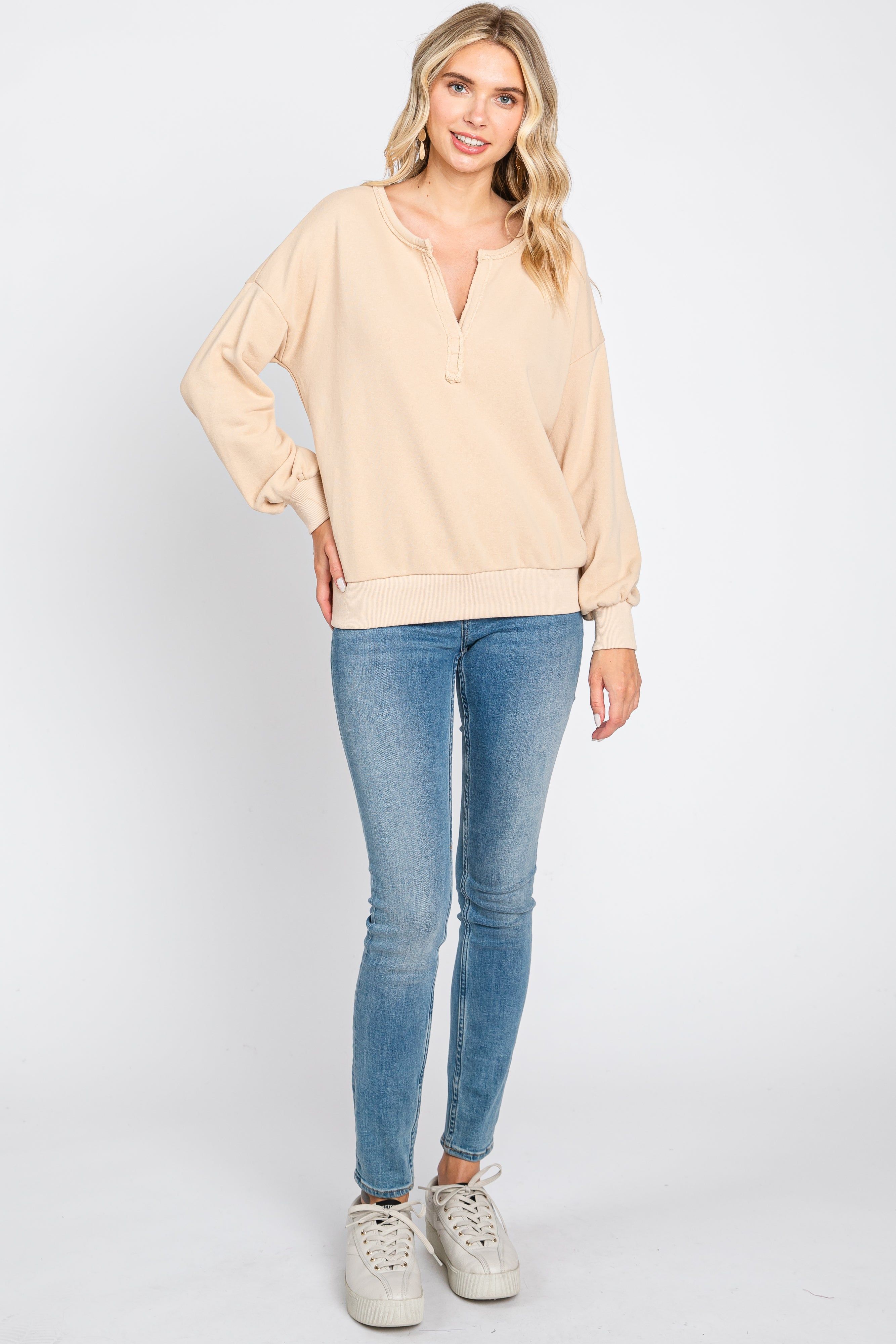 Beige Split V-Neck Long Sleeve Sweatshirt sold by Pinkblush product image thumbnail 4