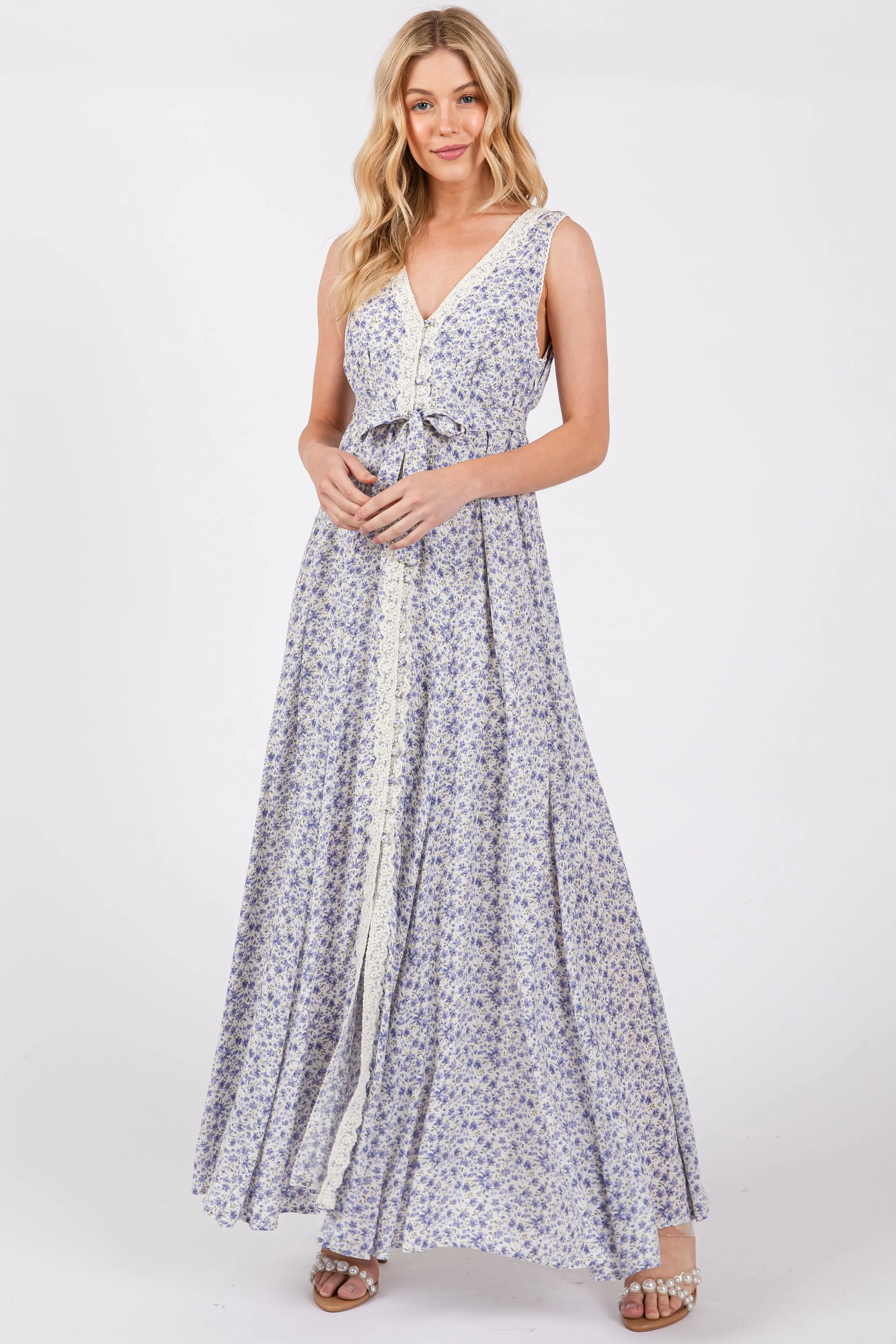 Periwinkle Floral Crochet Trim Button Down Maxi Dress sold by Pinkblush