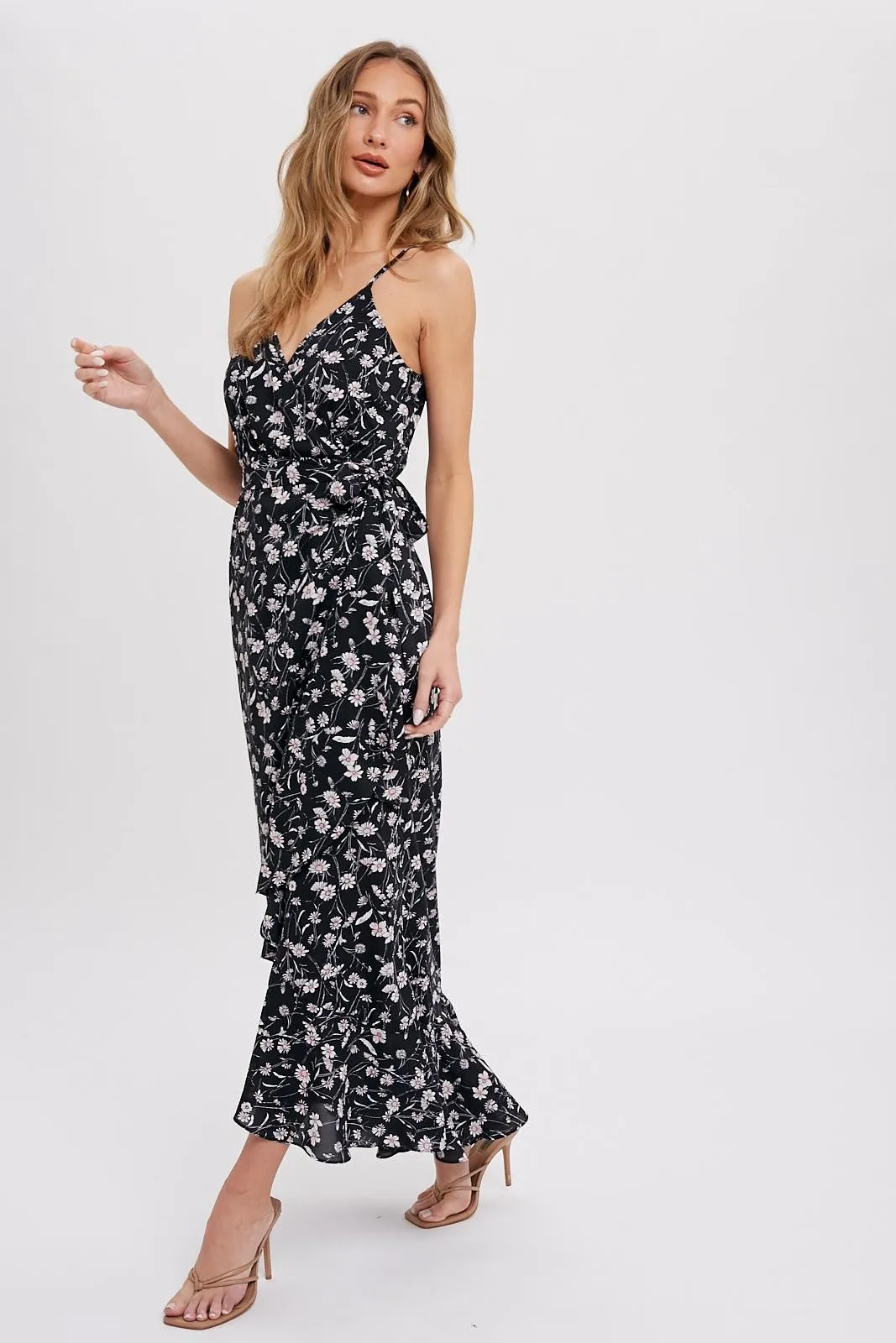 Black Floral Flounce Hi-Lo Wrap Maxi Dress sold by Pinkblush product image thumbnail 2