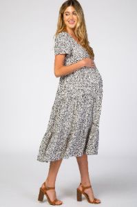 Black Floral Chiffon Ruffle Hem Maternity Midi Dress sold by Pinkblush