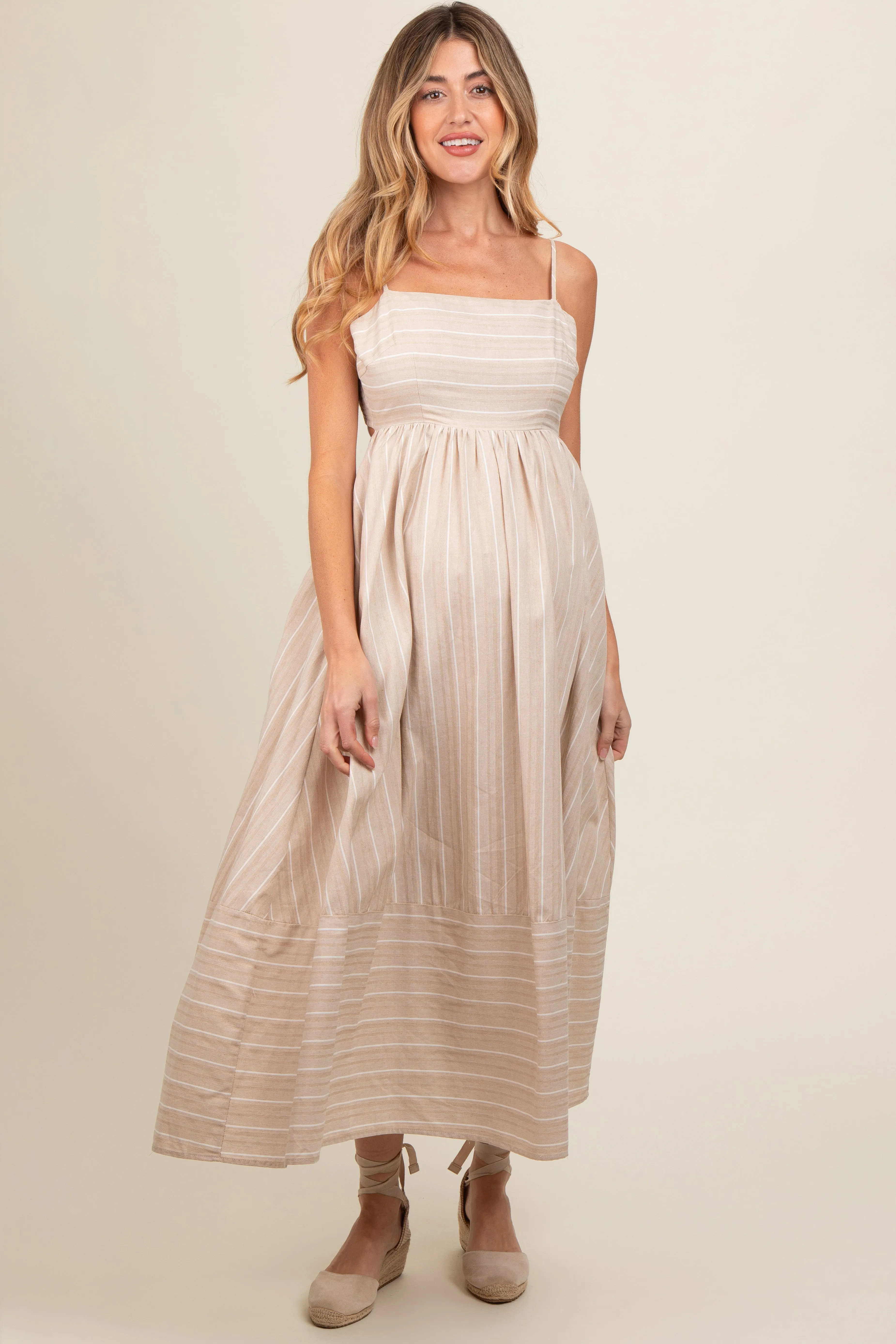 Beige Striped Cutout Back Maternity Maxi Dress sold by Pinkblush product image thumbnail 2