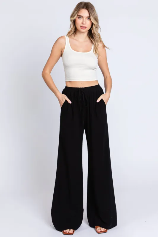 Black Linen Wide Leg Lace Trim Pants sold by Pinkblush