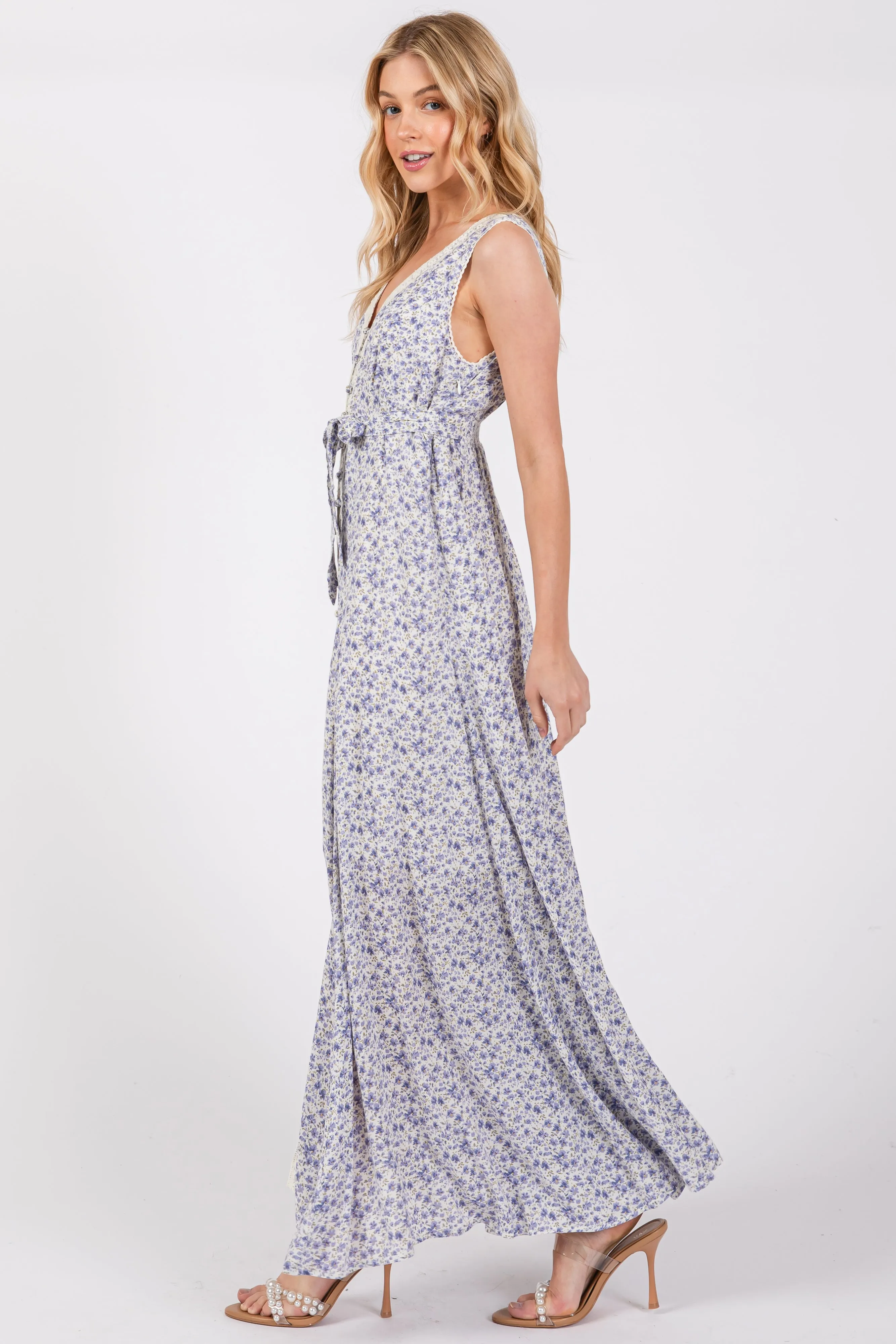 Periwinkle Floral Crochet Trim Button Down Maxi Dress sold by Pinkblush product image thumbnail 2