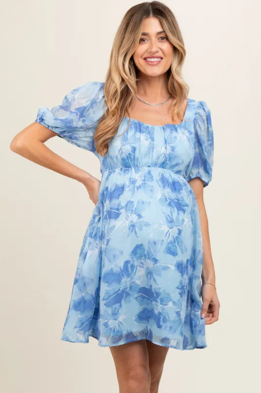 Blue Floral Puff Sleeve Maternity Mini Dress sold by Pinkblush