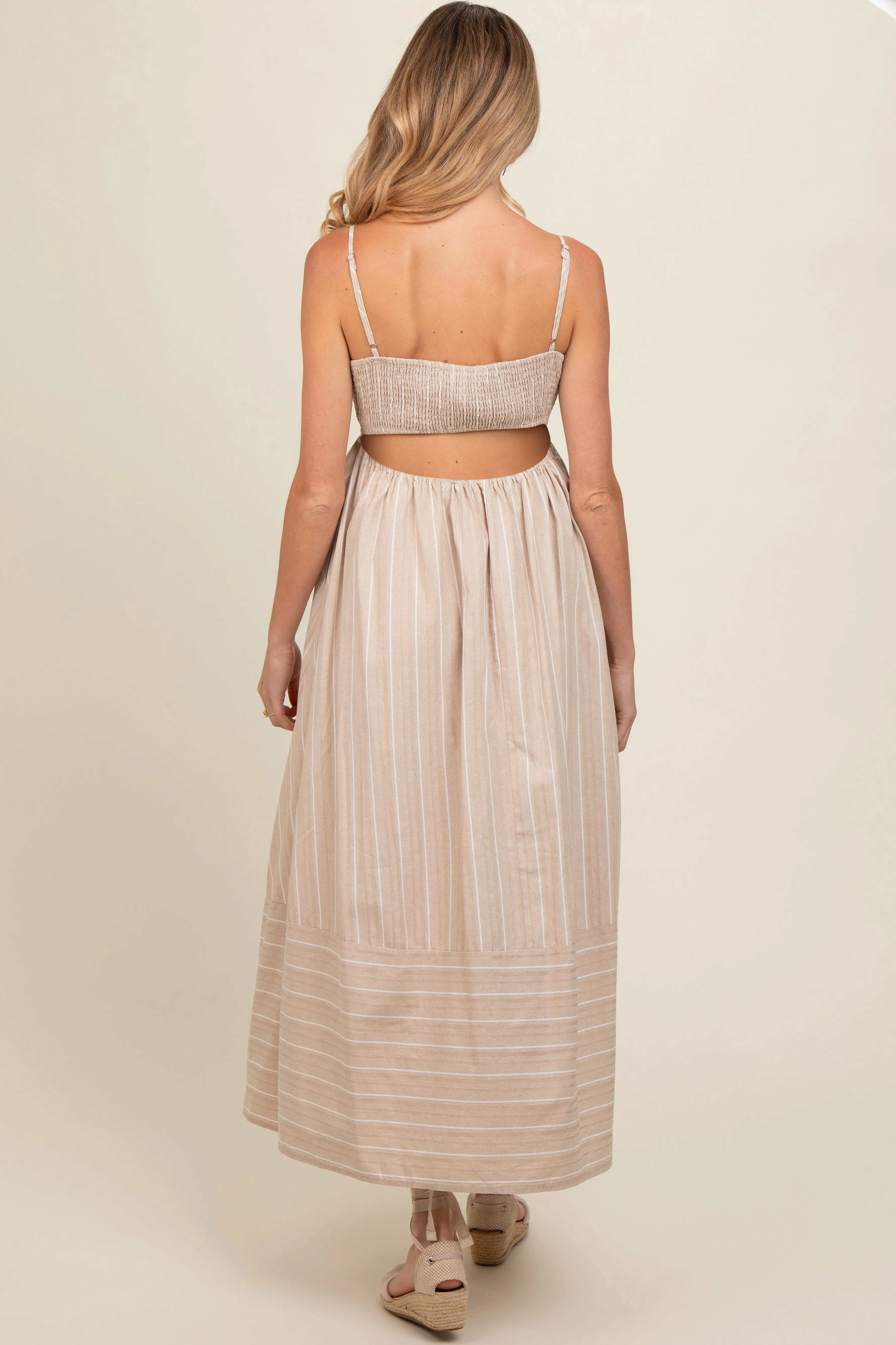 Beige Striped Cutout Back Maternity Maxi Dress sold by Pinkblush product image thumbnail 3