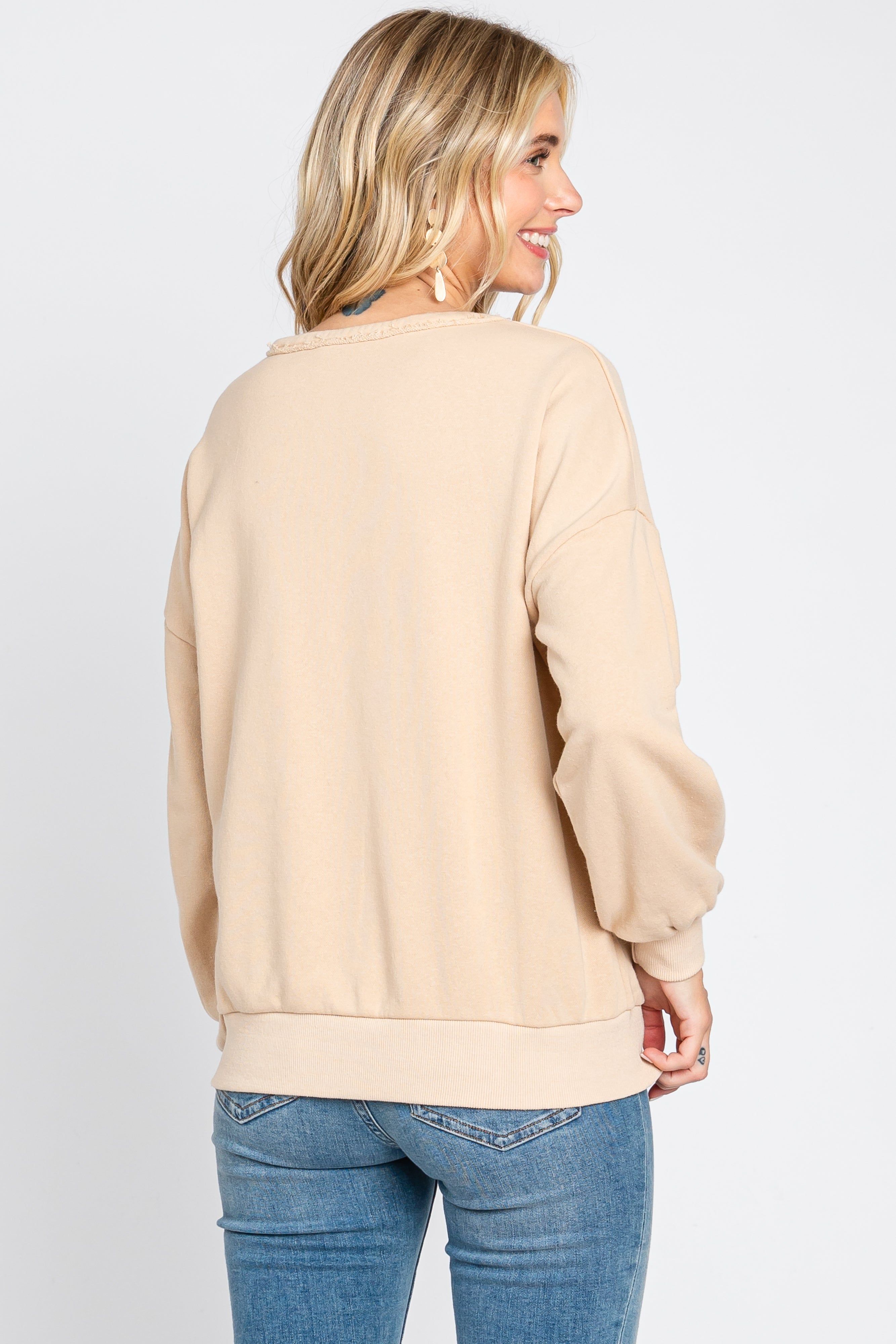 Beige Split V-Neck Long Sleeve Sweatshirt sold by Pinkblush product image thumbnail 3