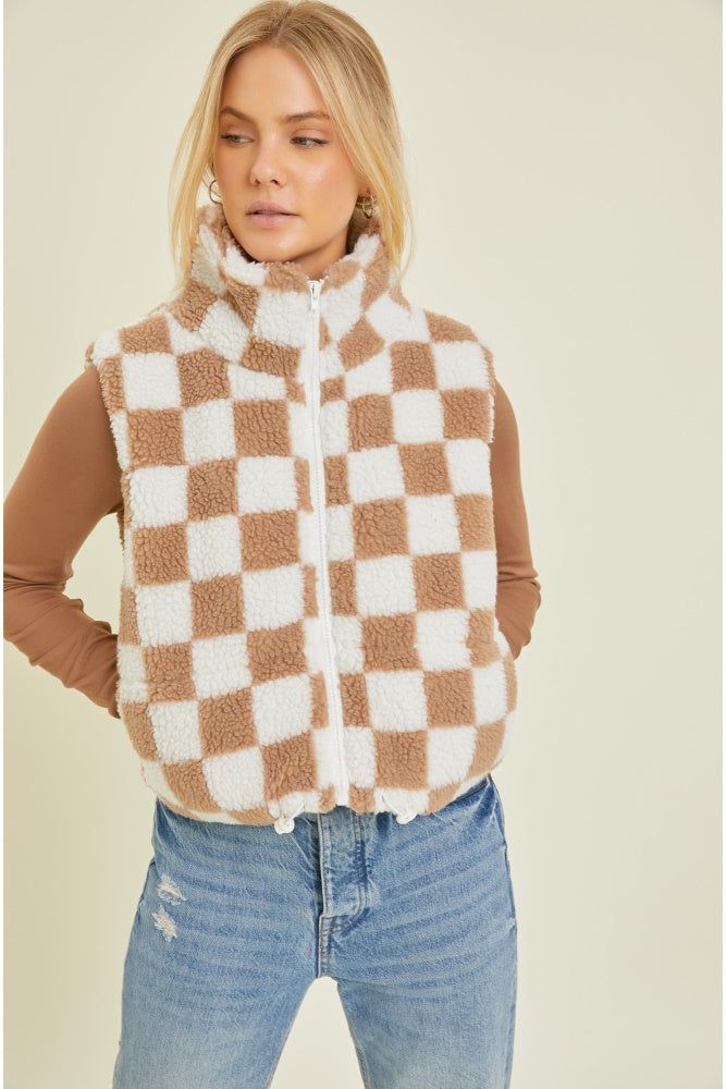 Taupe Sherpa Print Zip Up Vest sold by Pinkblush