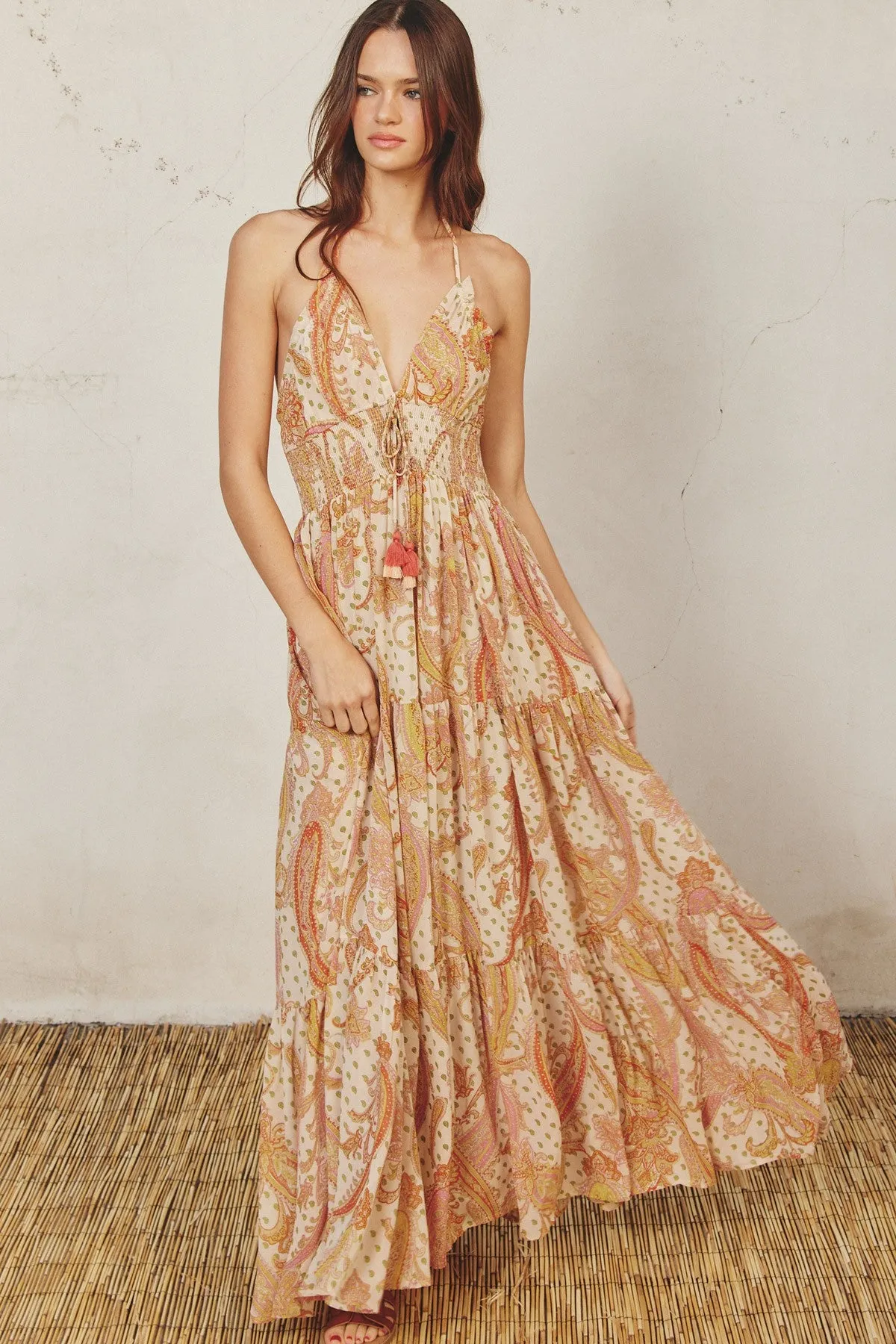 Cream Paisley Print Halter Maxi Dress sold by Pinkblush