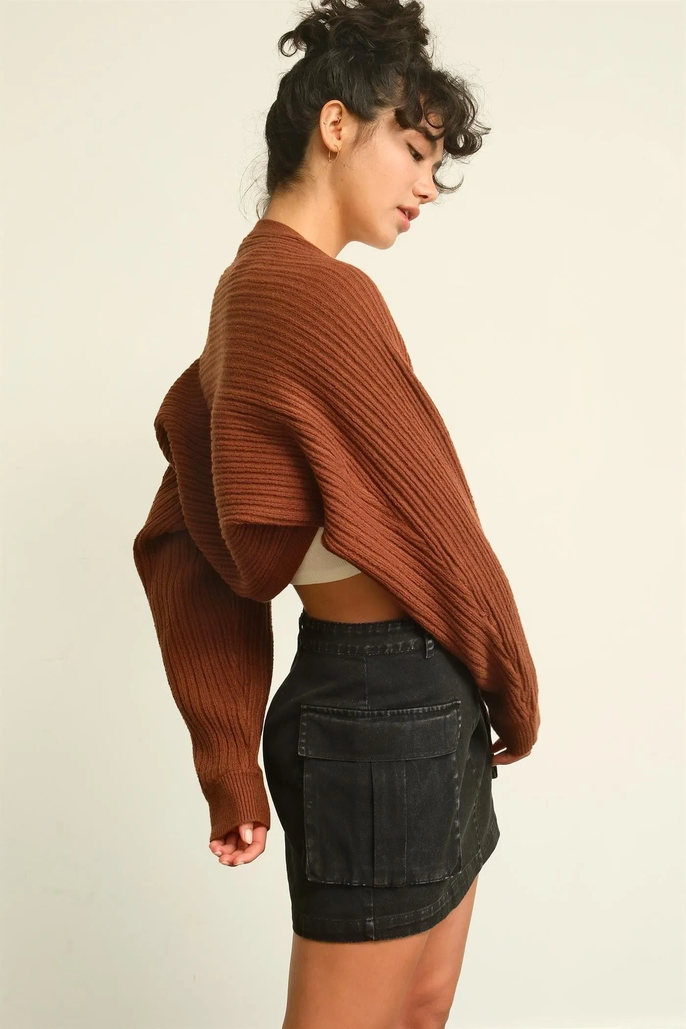 Chestnut Ribbed Knit Bolero Cardigan sold by Pinkblush product image thumbnail 3