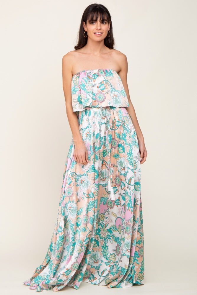Jade Floral Satin Strapless Front Tie Maxi Dress sold by Pinkblush