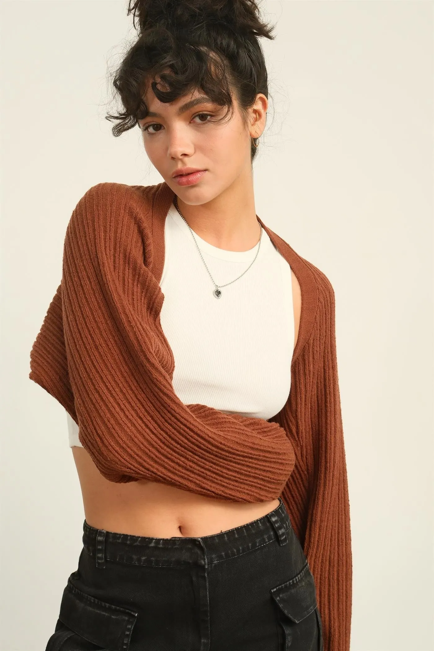 Chestnut Ribbed Knit Bolero Cardigan sold by Pinkblush