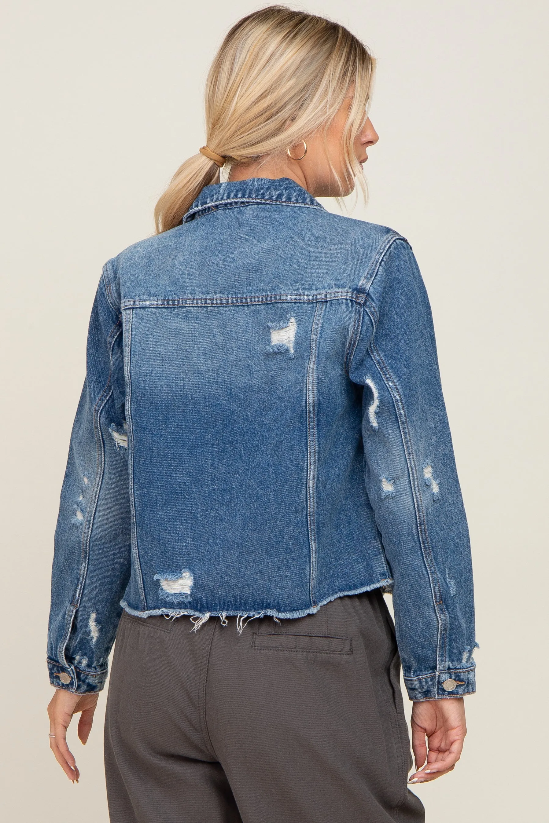 Navy Blue Distressed Cropped Denim Jacket sold by Pinkblush product image thumbnail 3