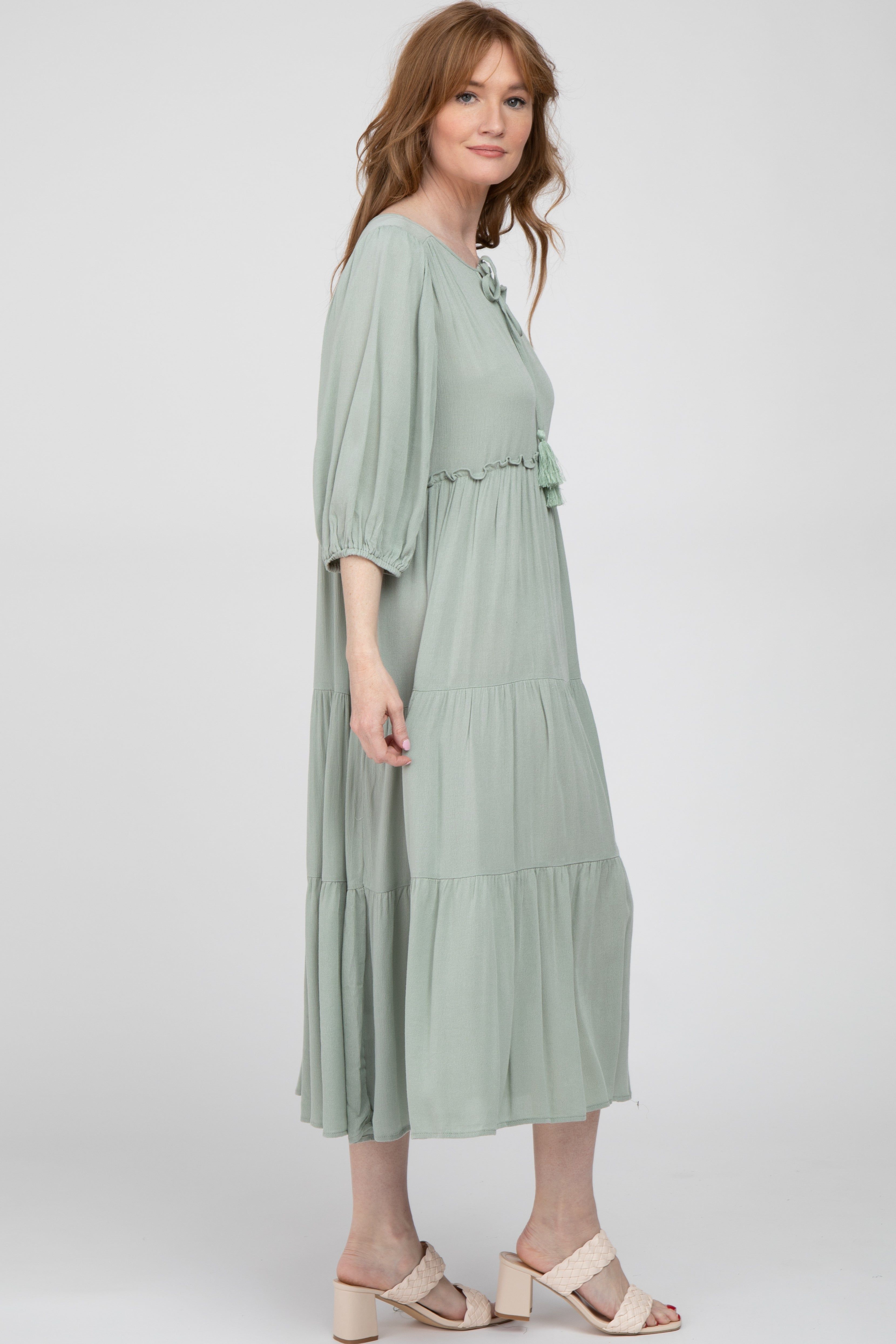 Light Olive Puff Sleeve Tiered Midi Dress sold by Pinkblush product image thumbnail 2