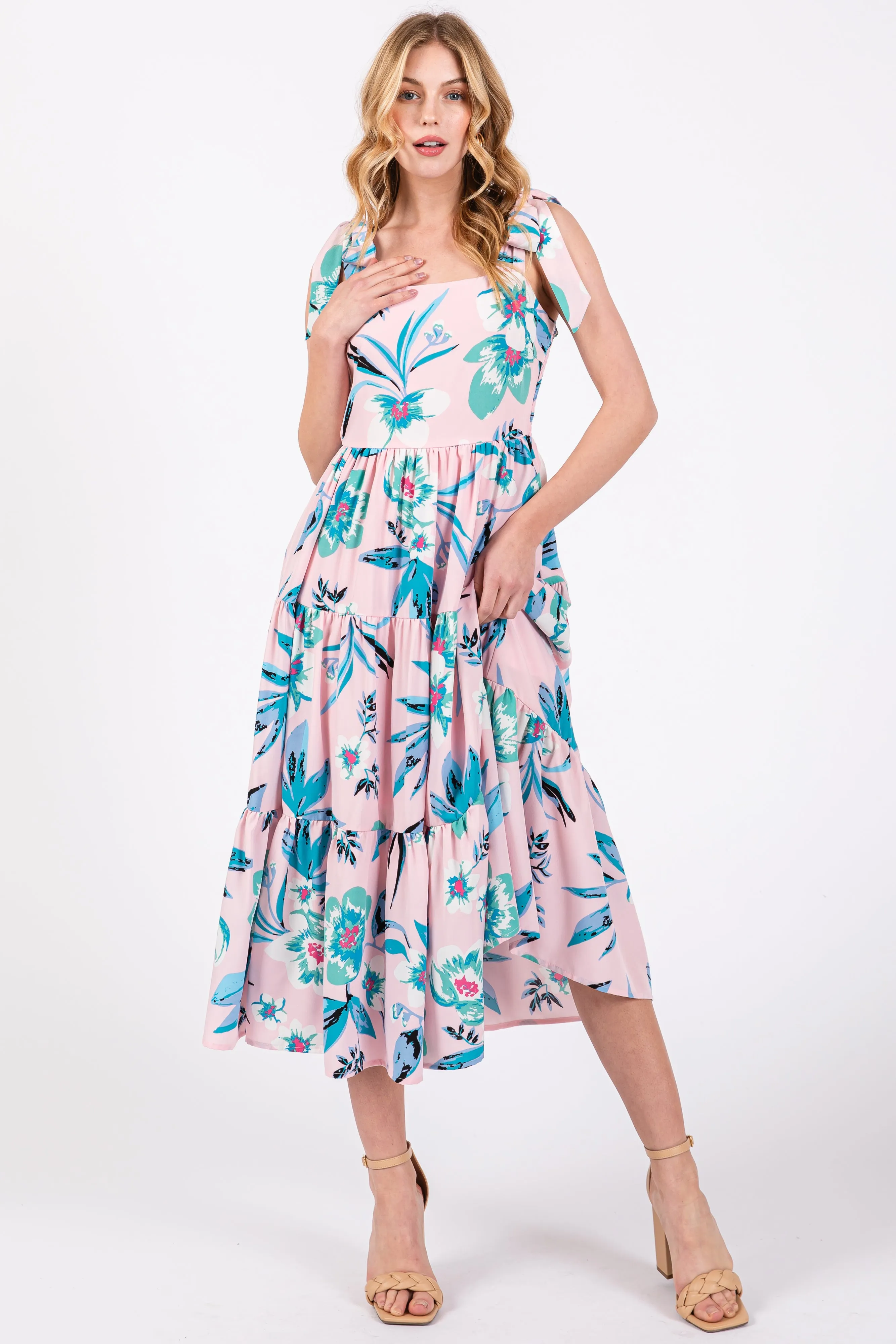 Light Pink Sleeveless Floral Tiered Midi Dress sold by Pinkblush product image thumbnail 4