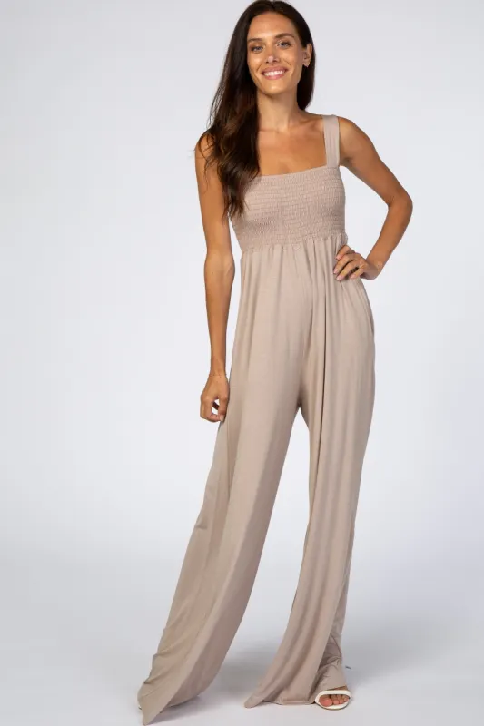 Taupe Sleeveless Wide Leg Jumpsuit sold by Pinkblush
