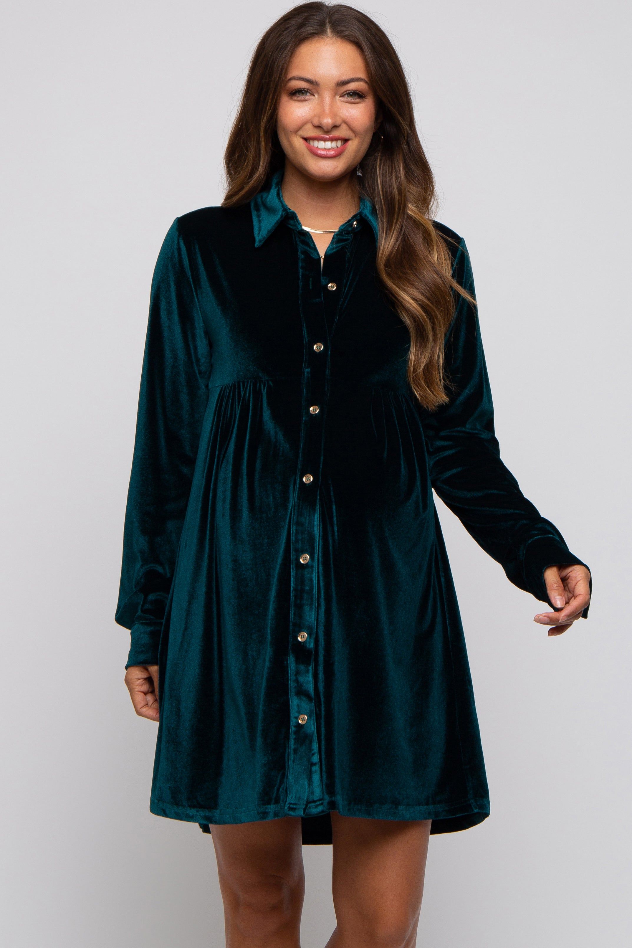 Emerald Green Velvet Button Down Maternity Dress sold by Pinkblush